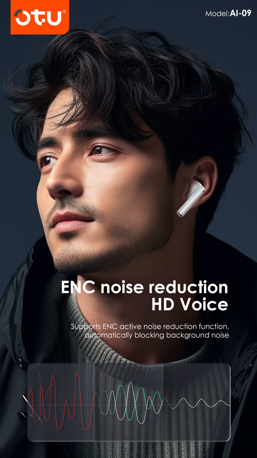 OTU AI-09 TWS Earbuds - Bluetooth 5.3, ENC Noise Cancelling, 30H Playtime, Hi-Fi Stereo Sound for Android/iOS