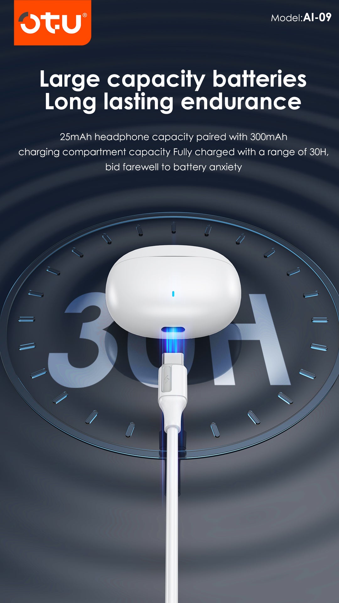 OTU AI-09 TWS Earbuds - Bluetooth 5.3, ENC Noise Cancelling, 30H Playtime, Hi-Fi Stereo Sound for Android/iOS