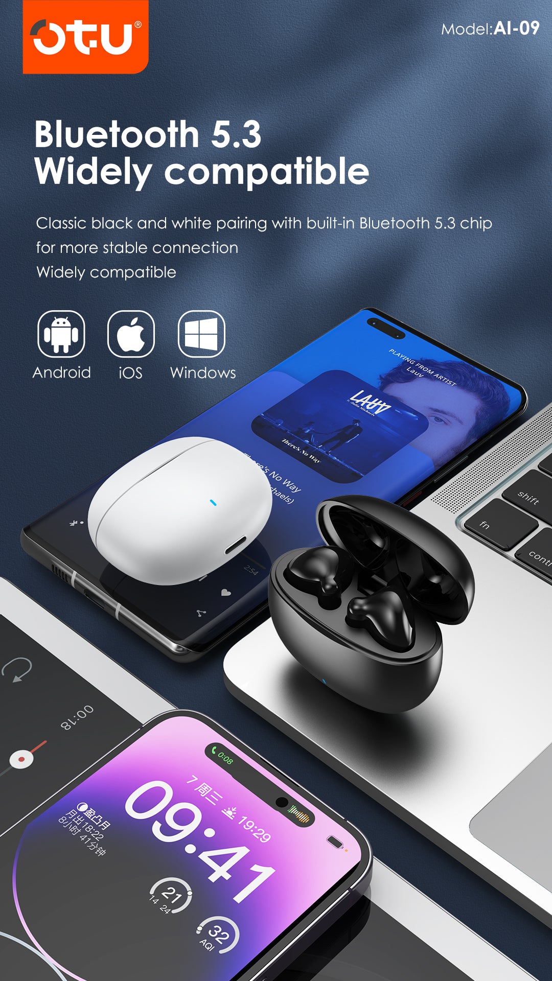 OTU AI-09 TWS Earbuds - Bluetooth 5.3, ENC Noise Cancelling, 30H Playtime, Hi-Fi Stereo Sound for Android/iOS