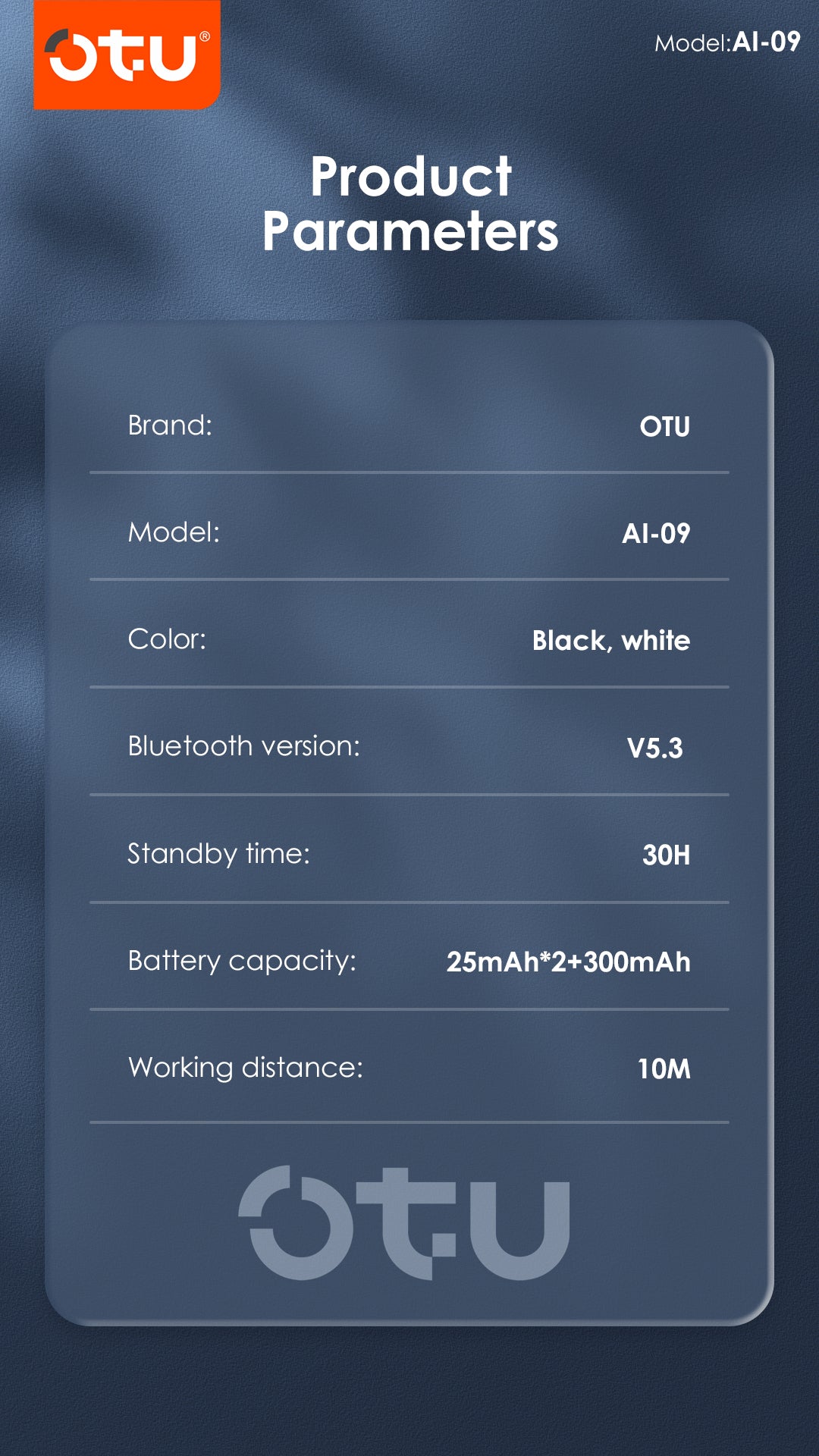 OTU AI-09 TWS Earbuds - Bluetooth 5.3, ENC Noise Cancelling, 30H Playtime, Hi-Fi Stereo Sound for Android/iOS