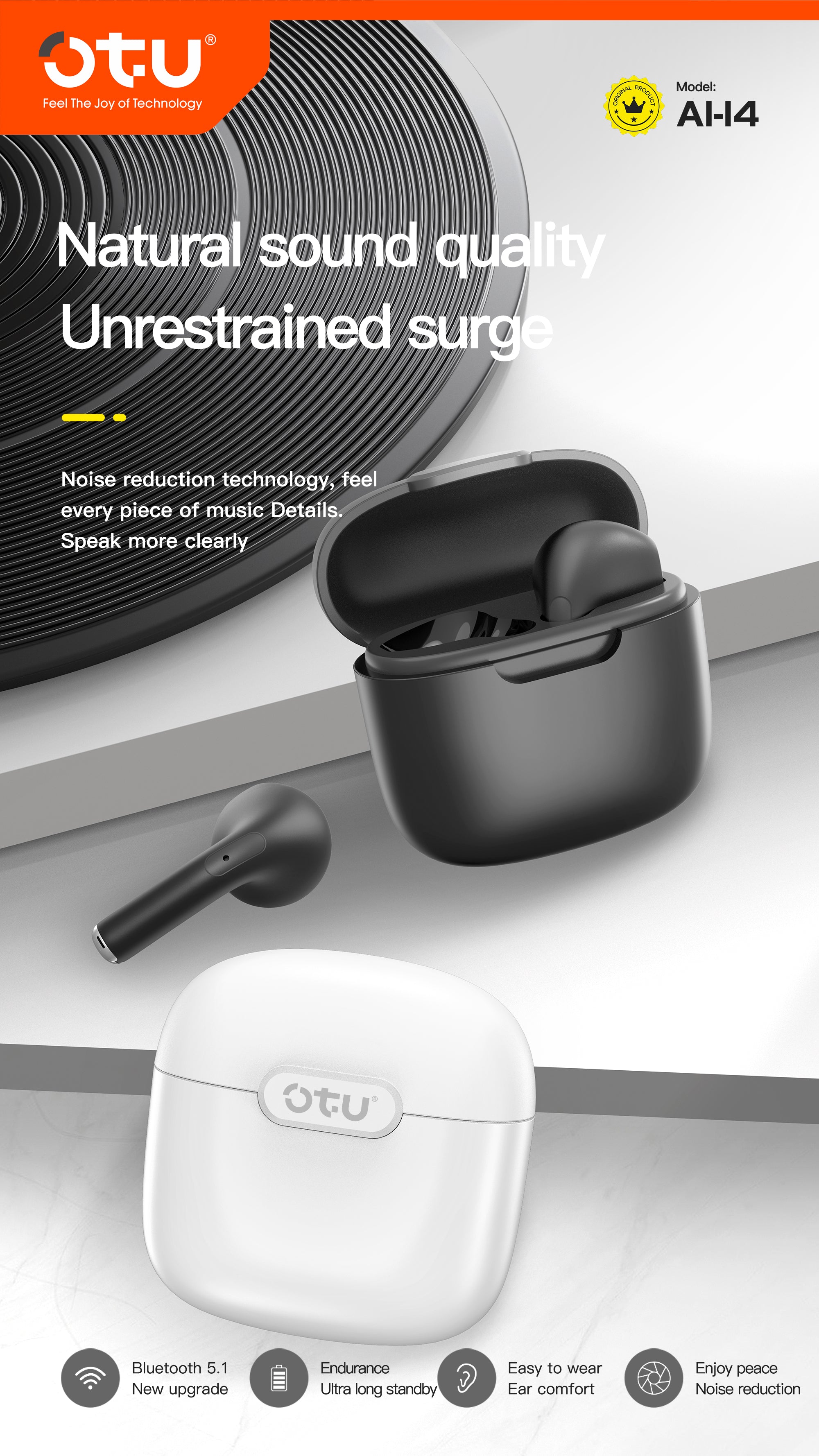 OTU AI-14 Noise Cancelling Earbuds - Bluetooth 5.1, Graphene Sound, 30H Playtime, Comfort Fit, Clear Calls