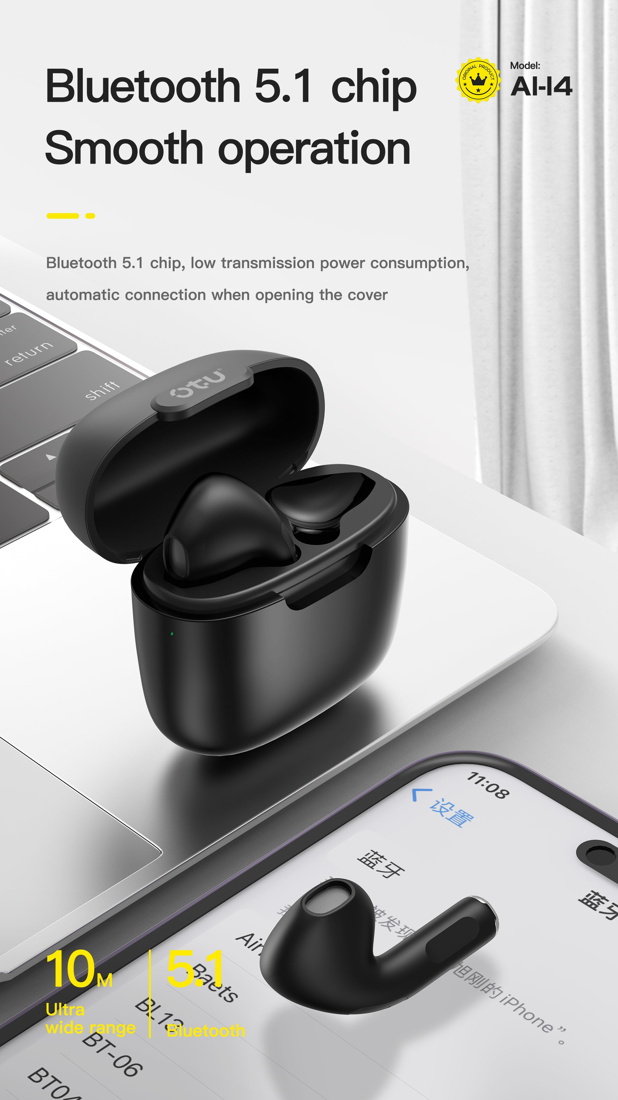 OTU AI-14 Noise Cancelling Earbuds - Bluetooth 5.1, Graphene Sound, 30H Playtime, Comfort Fit, Clear Calls