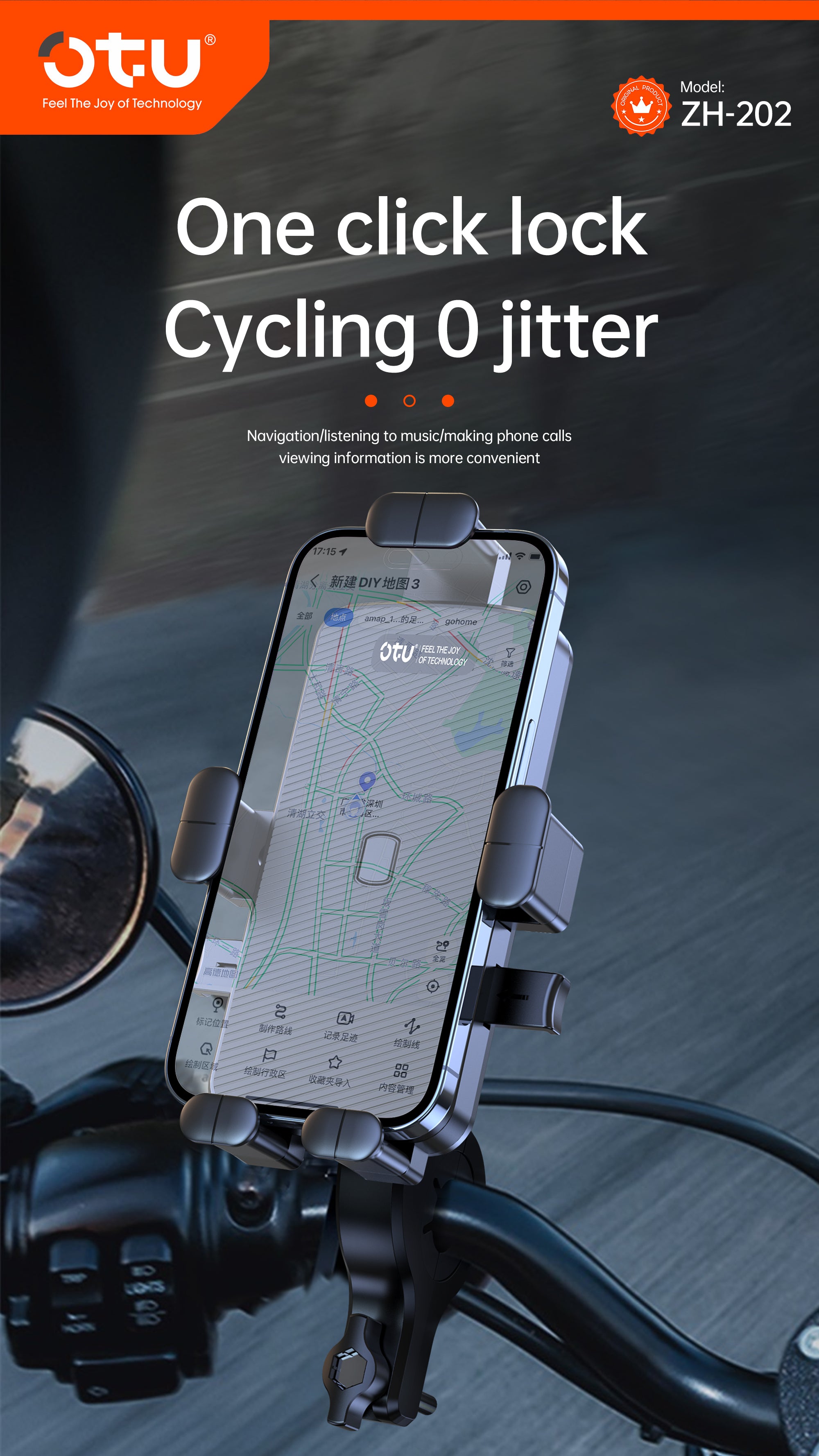 OTU ZH202 One-Touch Lock Bike Phone Mount  Anti-Slip, Hand-Free Navigation for Cycling