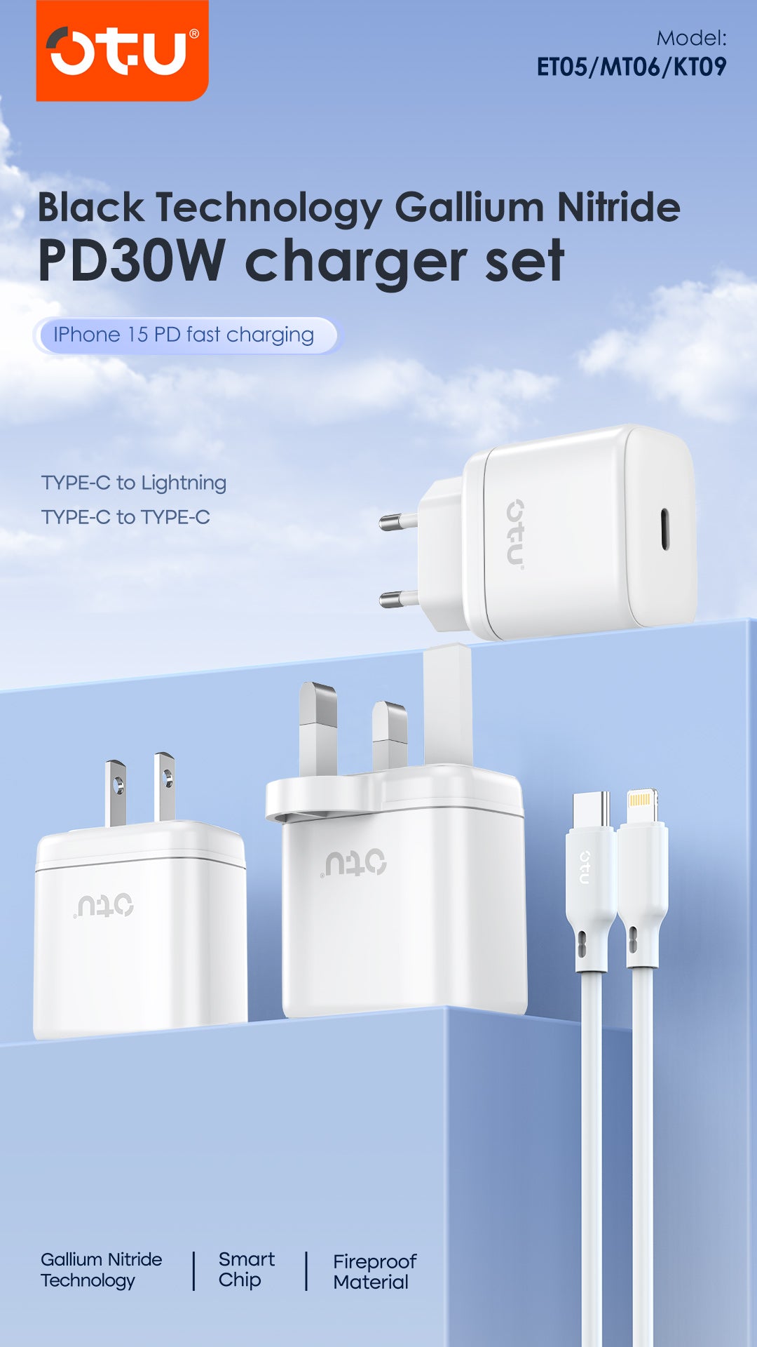 OTU MT06 GaNPro 30W PD Fast Charger Set with MFi Certified Cable – Cool, Safe Charging for phone