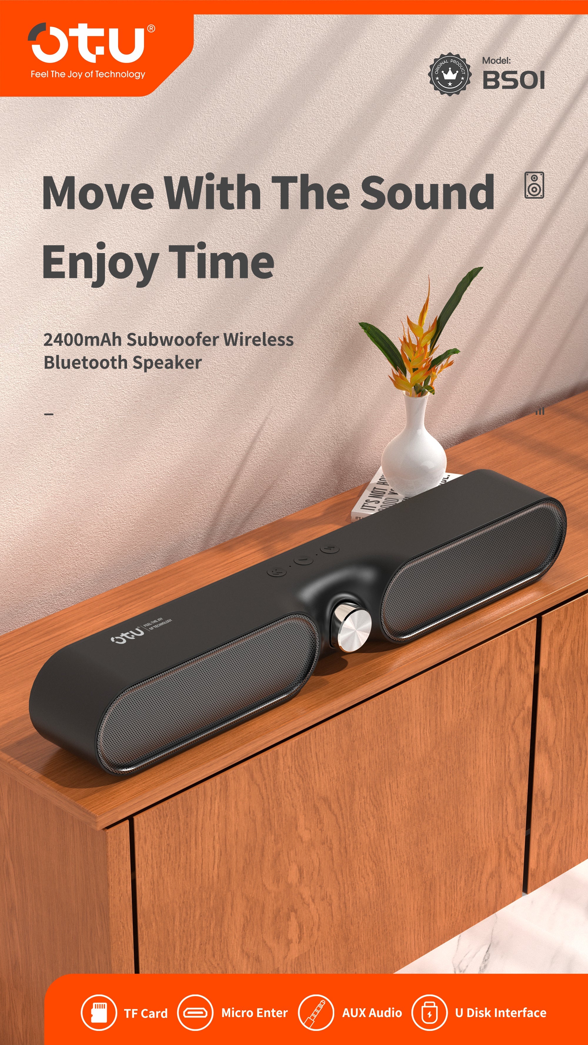 OTU BSO1 Portable Bluetooth Speaker with Deep Bass, 2000mAh Battery, 6-Hour Playtime, Wireless Subwoofer – Black