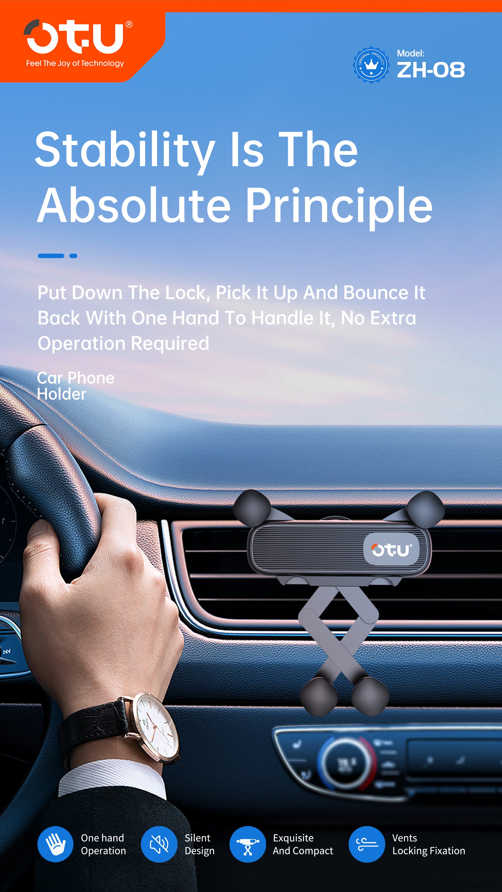 OTU ZH08 Universal Gravity Car Phone Mount Holder - Hands-Free Silent One-Handed Operation for iPhone & Android (4.7-7")