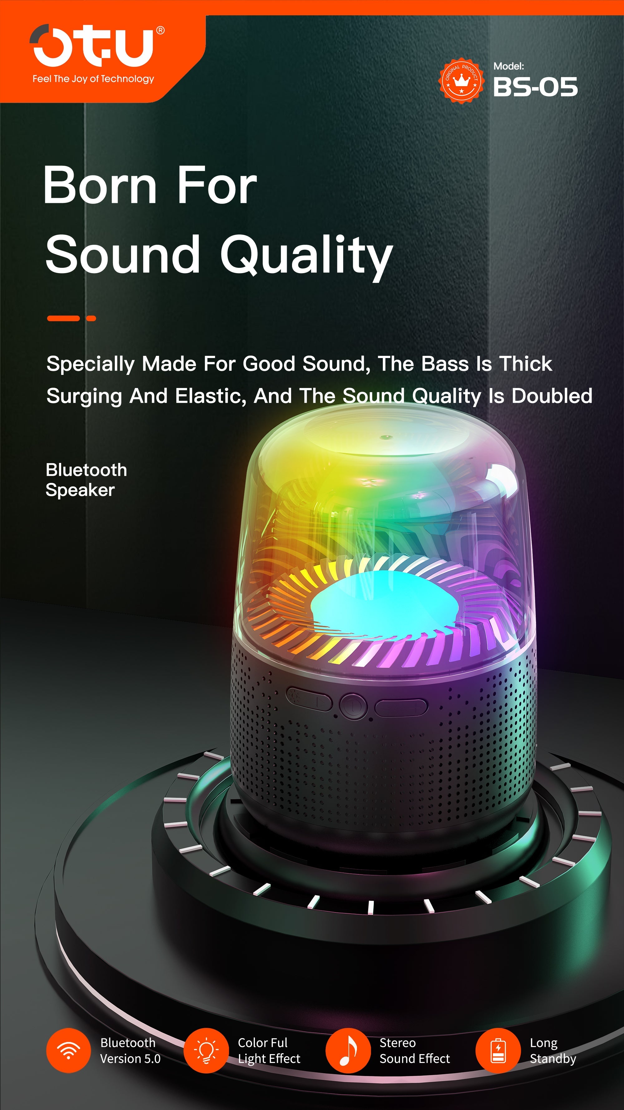 OTU BS-05 Portable Bluetooth Speaker with Deep Bass, 10-Hour Playtime, HiFi Stereo Sound, Bluetooth 5.0 – Ideal for Outdoor and Home Use