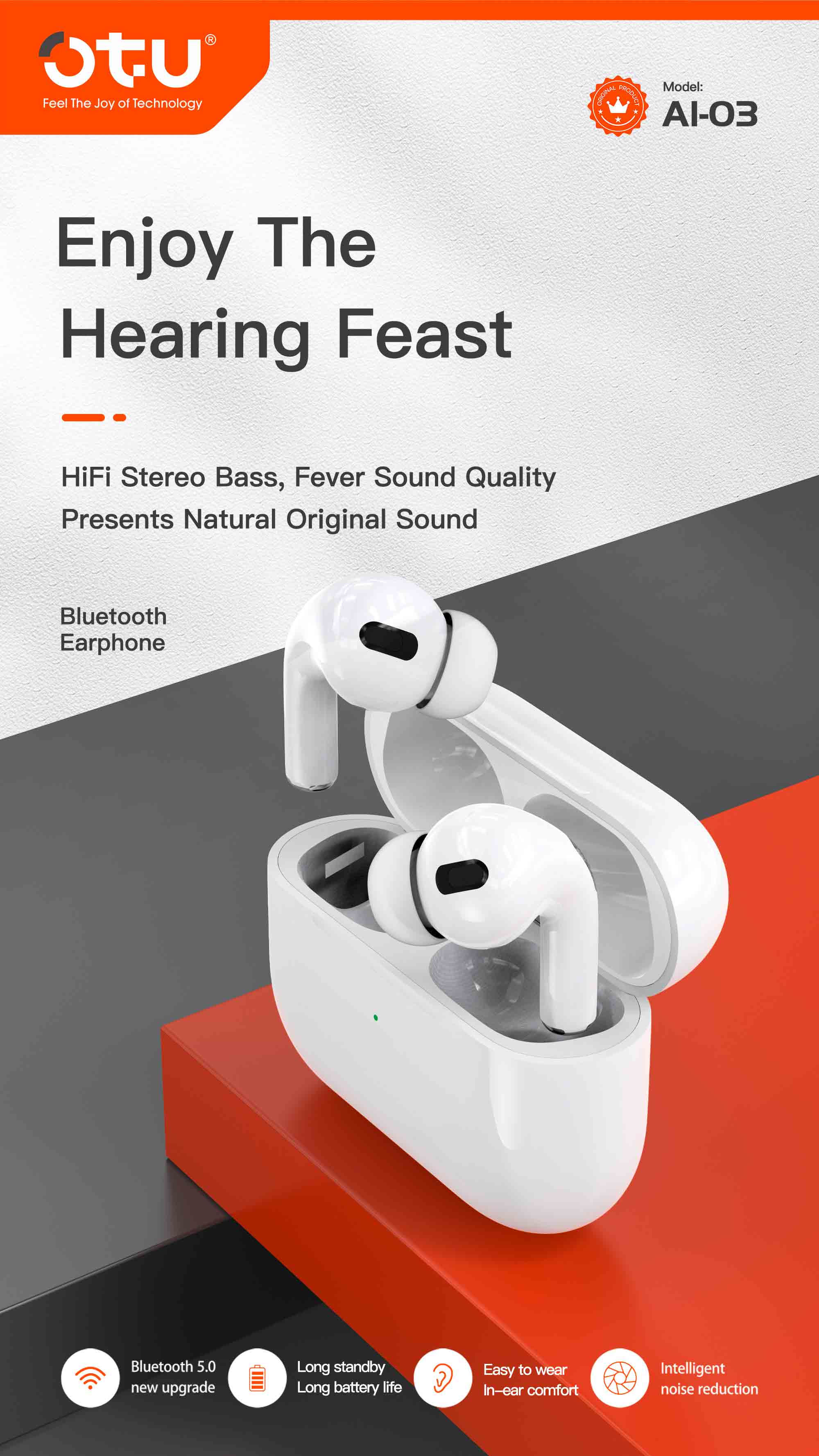 OTU AI03 HIFI Stereo Wireless Earbuds – Deep Bass, Bluetooth 5.0, 4H Talk Time