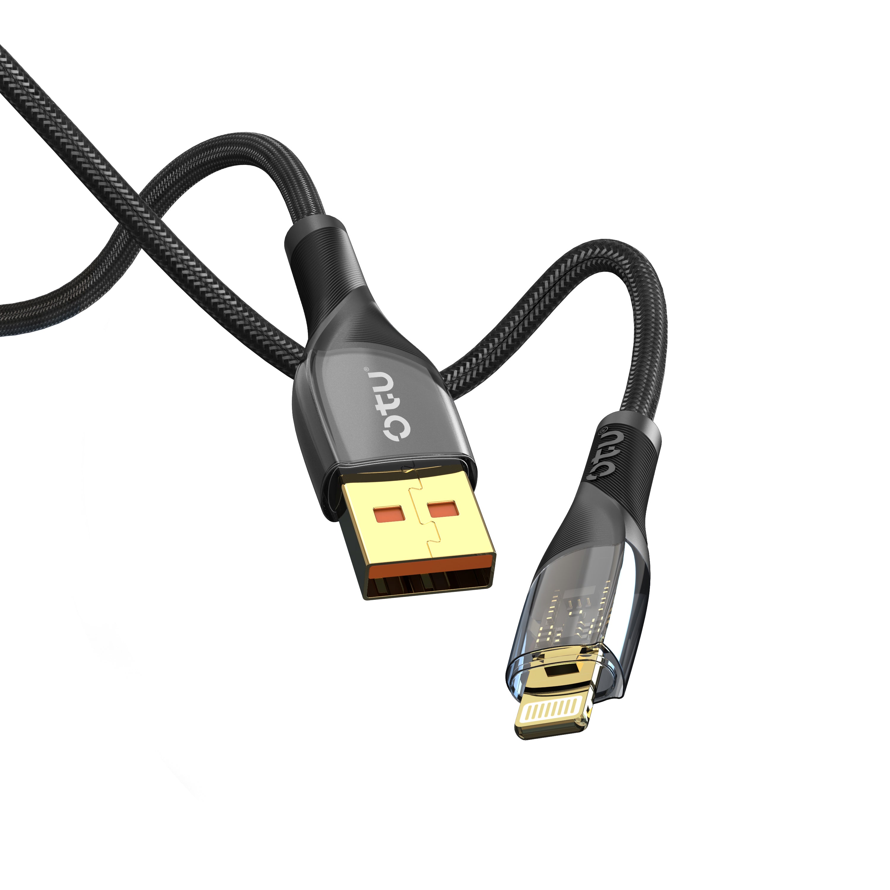 OTU DL18 3A Fast Charging Nylon Braided Cable with Smart Breathing Light - USB-C to Lightning Charger with Transparent Titanium Design