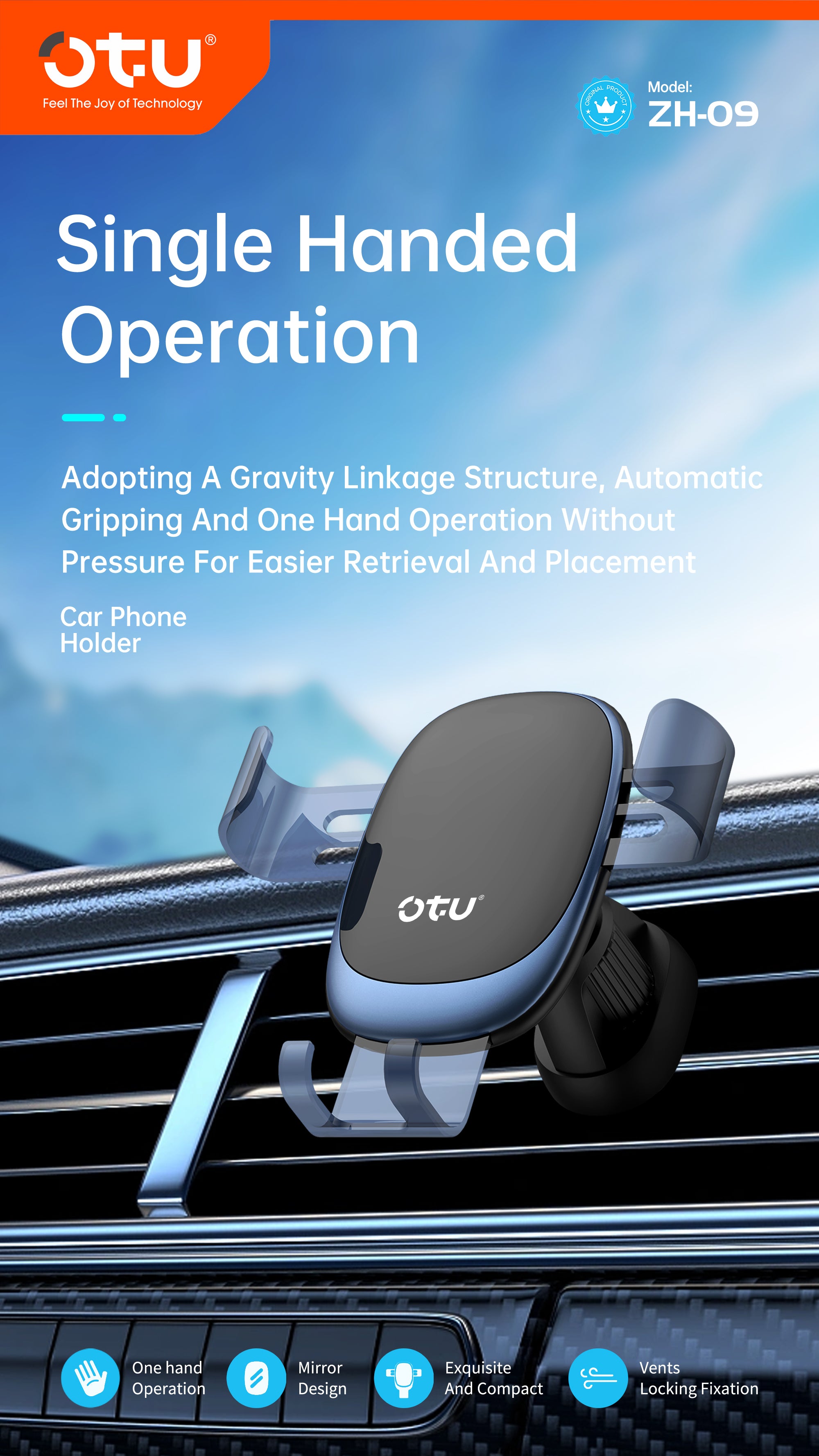 OTU ZH09 Auto-Lock Car Phone Holder - Gravity Sensor Vent Mount for Hands-Free Driving (Blue)