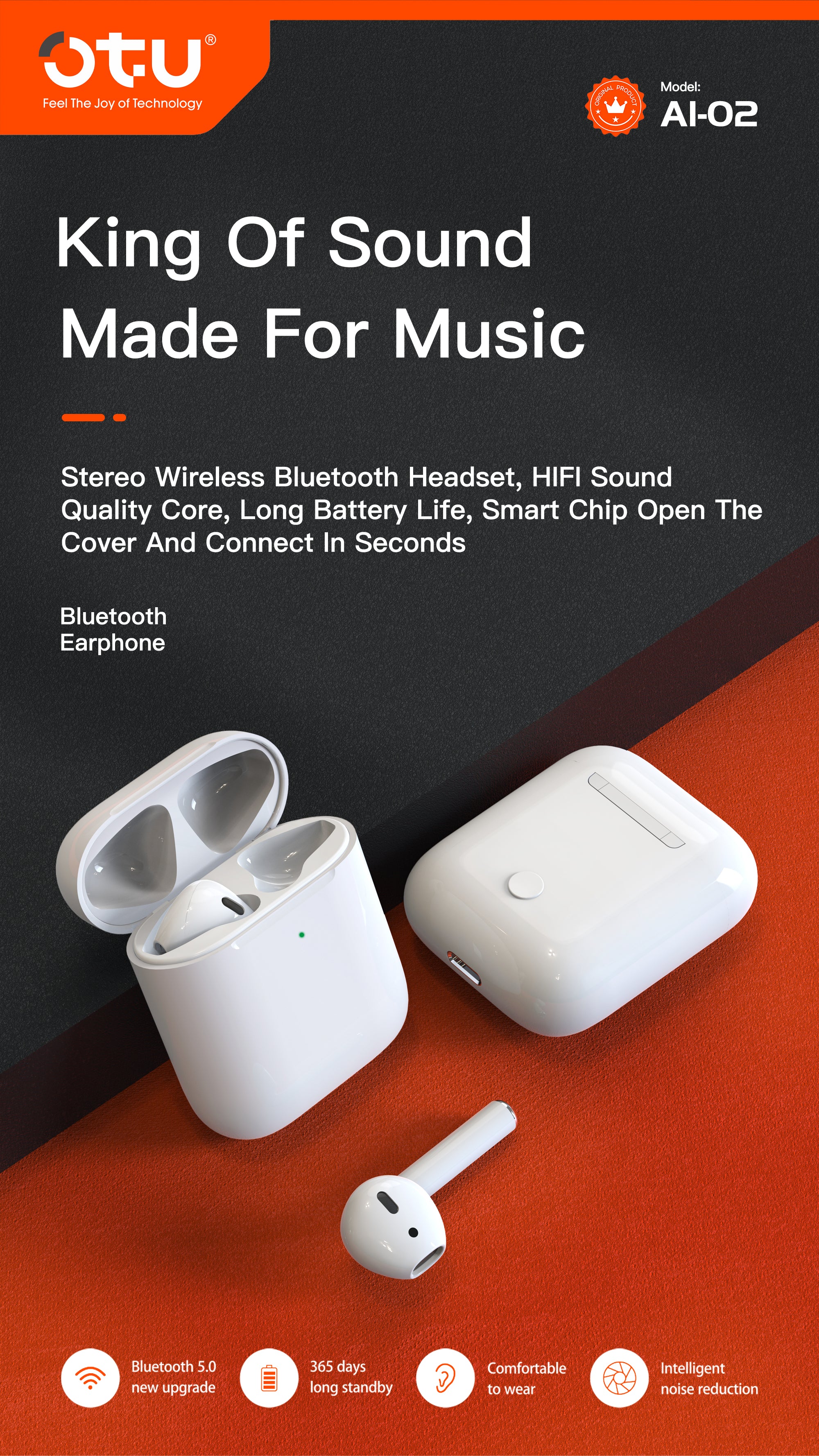 OTU AI02 HIFI Stereo Wireless Bluetooth Earbuds – 365-Day Battery, Noise Cancellation, Instant Pairing