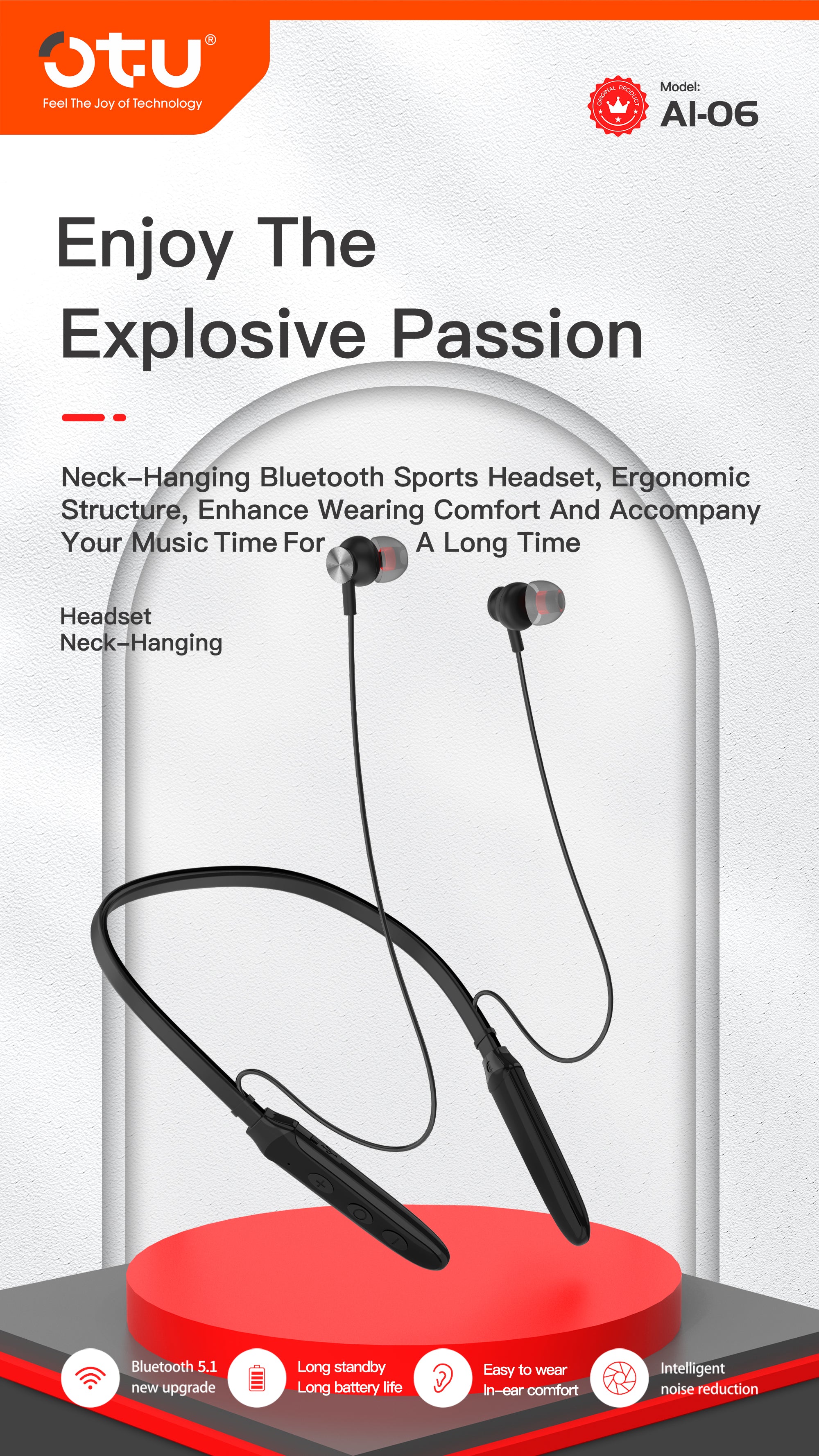 OTU AI06 Neckband Bluetooth Headphones, 8H Playback Sports Headset with HiFi Stereo, Secure Fit for Running and Workout