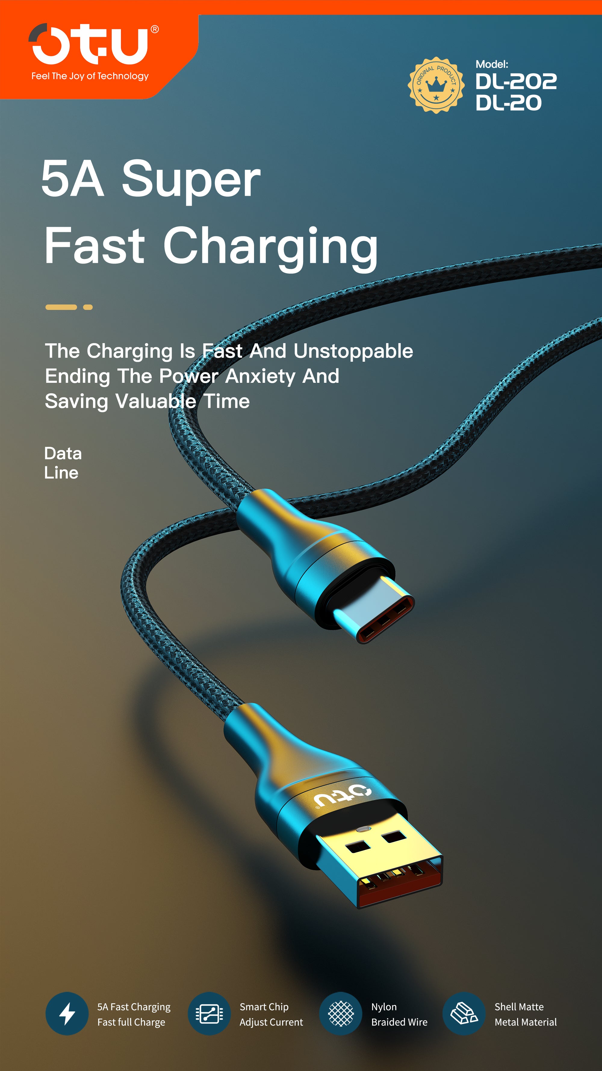 OTU DL20 5A Super Fast Charging Cable 1M  Nylon Braided USB Cable for Type-C, Lightning, Micro-USB - Data Sync & Rapid Charge