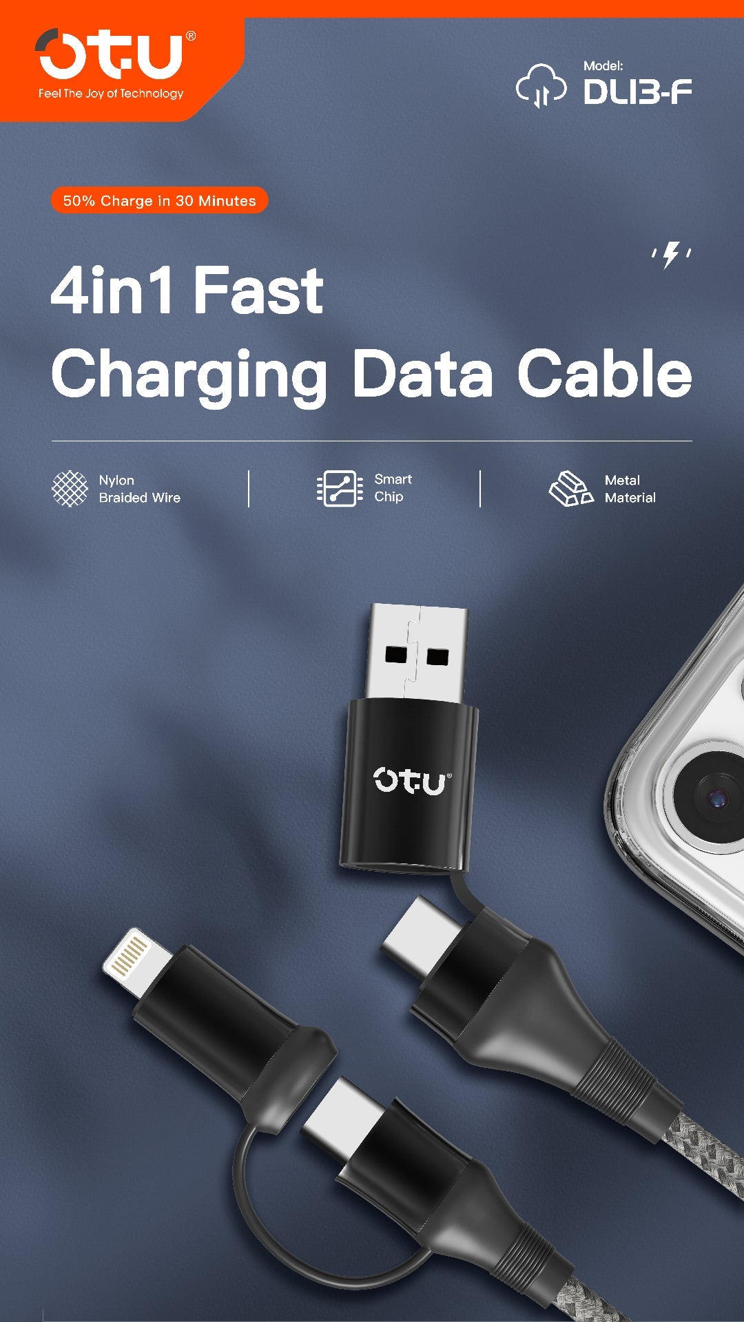 OTU DL13-F 4-in-1 Fast Charging Nylon Braided Cable | 50% in 30 Mins | USB-C & Lightning Compatible for All Devices | 1M