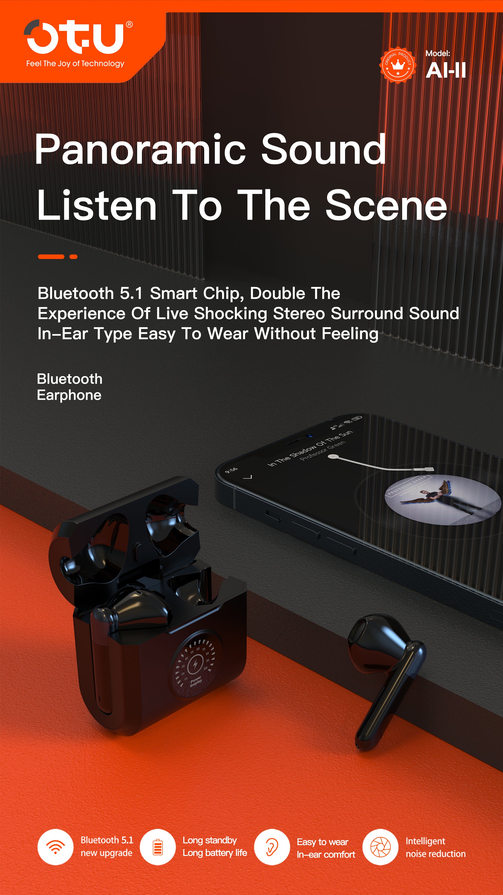 OTU Al-11 Wireless Earbuds - Bluetooth 5.1, Panoramic 3D Sound, Noise Reduction, 4H Talk, Auto Pairing