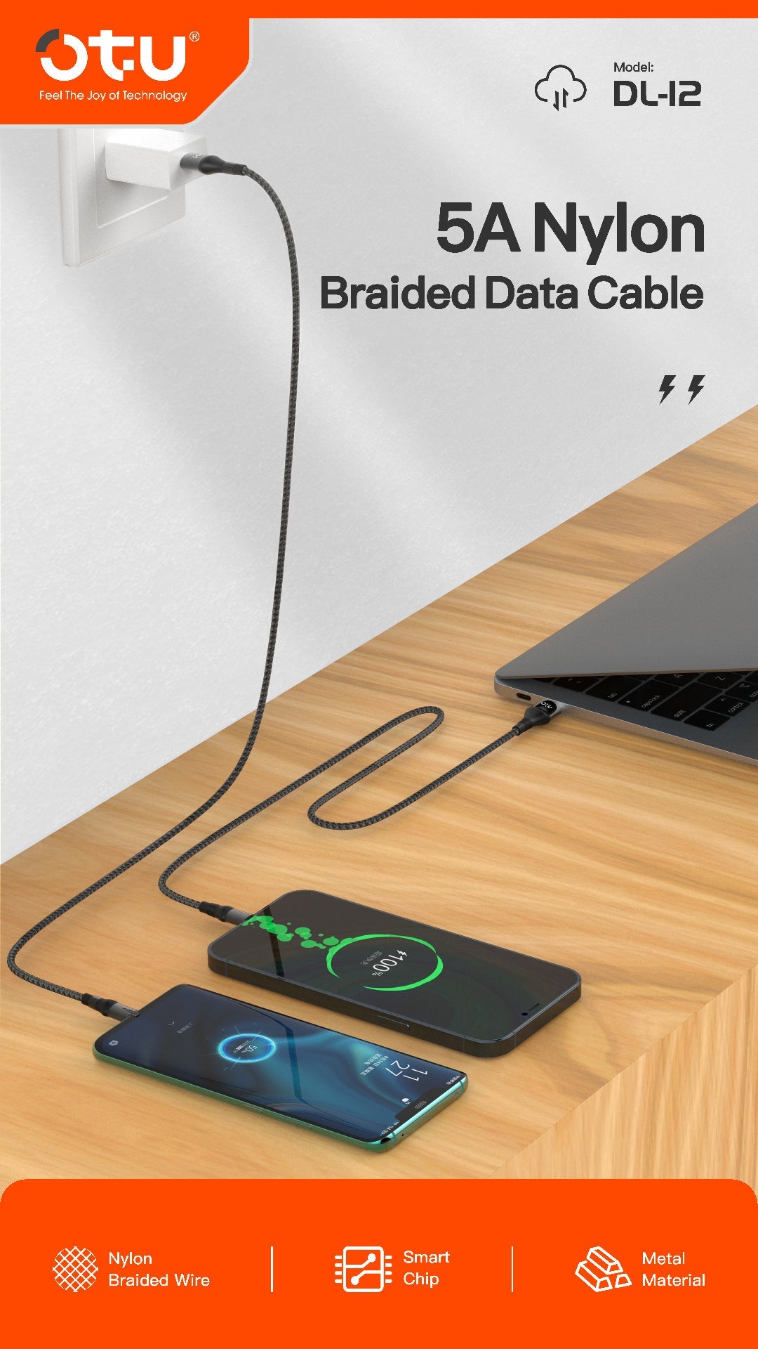OTU DL12 5A Fast Charging Braided Nylon Data Cable with Triple Interchangeable Interfaces | 1M Length | Durable