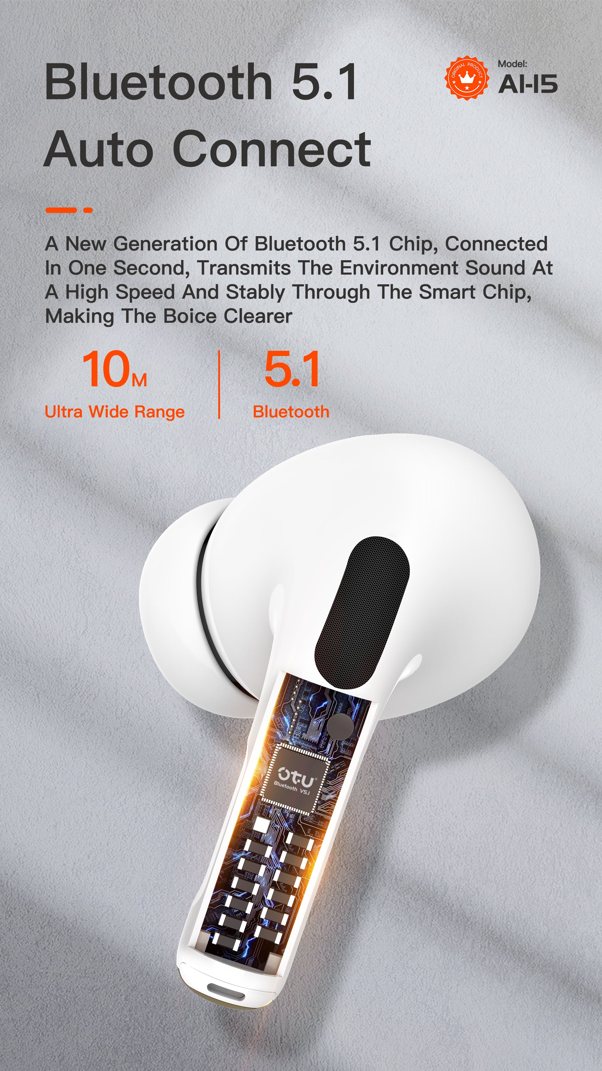 OTU Al-15 Wireless Earbuds - Bluetooth 5.1, 4H Talk Time, Hi-Fi Sound, Noise Reduction, Auto Connect