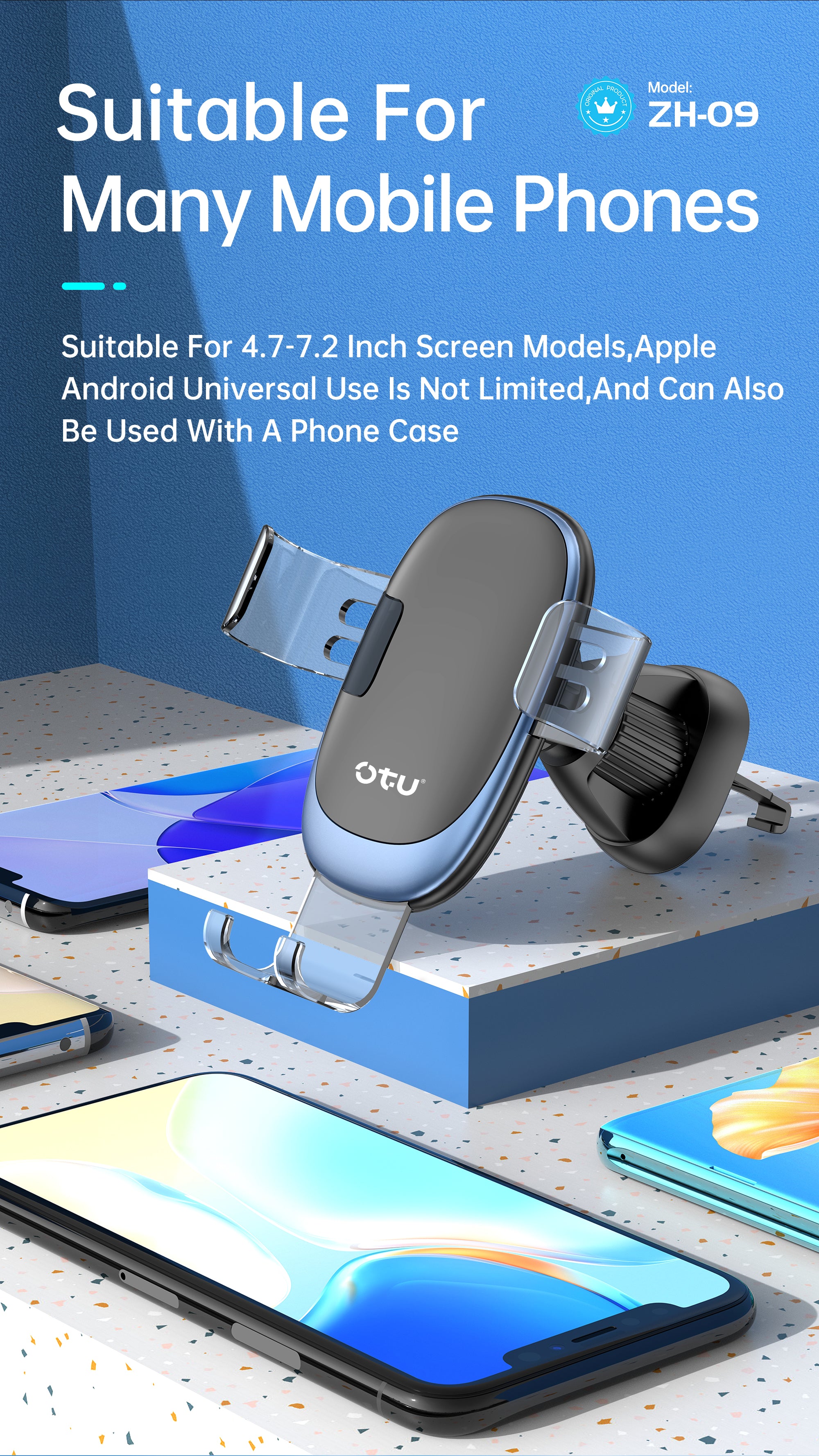 OTU ZH09 Auto-Lock Car Phone Holder - Gravity Sensor Vent Mount for Hands-Free Driving (Blue)