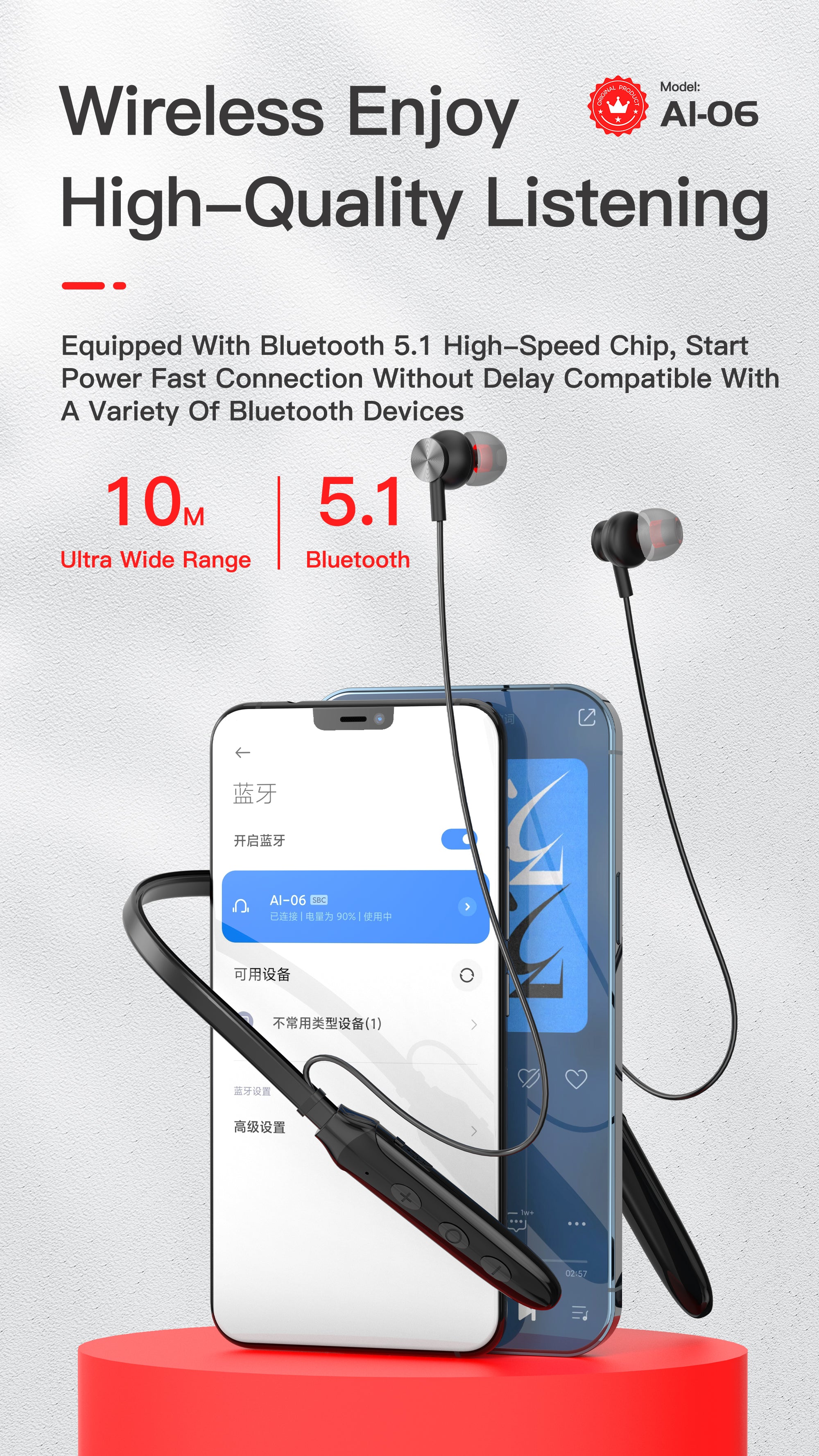 OTU AI06 Neckband Bluetooth Headphones, 8H Playback Sports Headset with HiFi Stereo, Secure Fit for Running and Workout