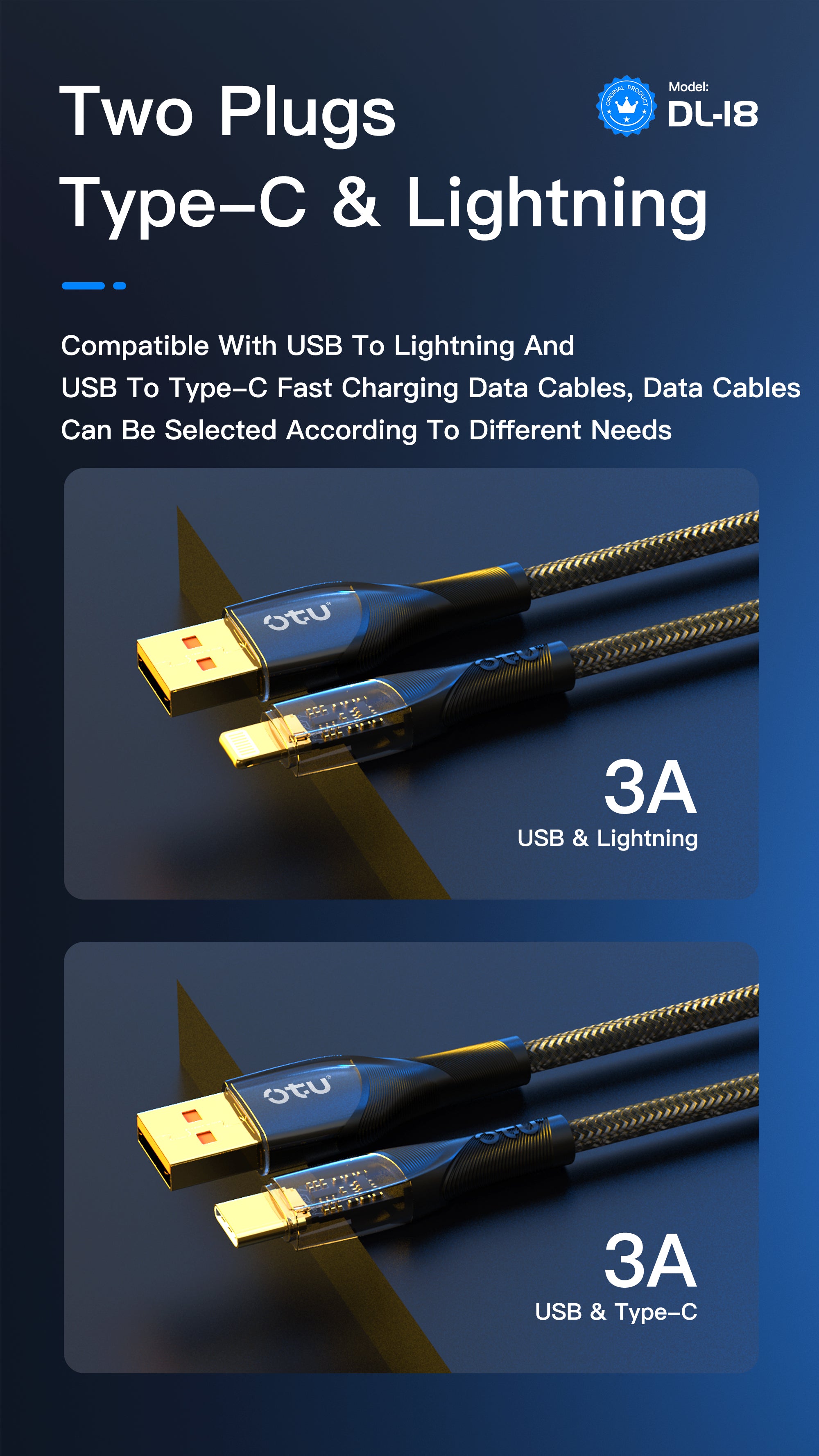 OTU DL18 3A Fast Charging Nylon Braided Cable with Smart Breathing Light - USB-C to Lightning Charger with Transparent Titanium Design