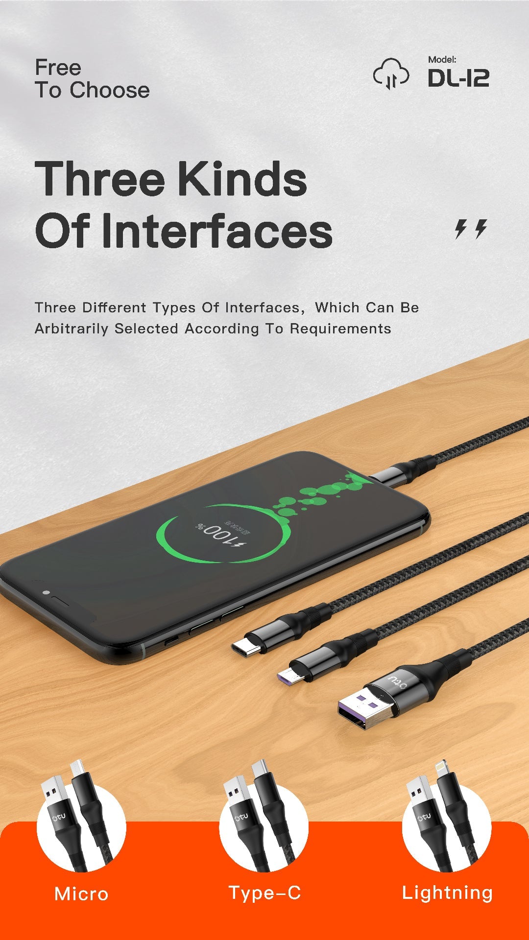 OTU DL12 5A Fast Charging Braided Nylon Data Cable with Triple Interchangeable Interfaces | 1M Length | Durable