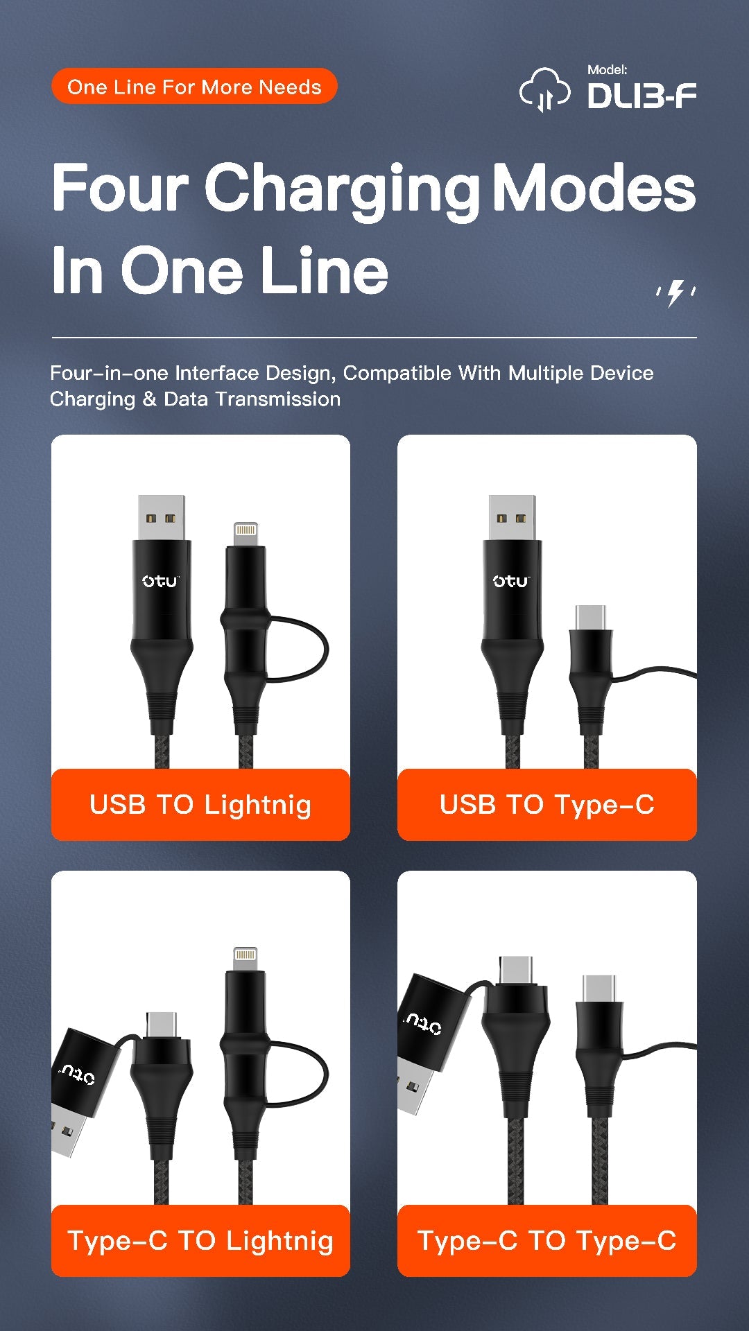 OTU DL13-F 4-in-1 Fast Charging Nylon Braided Cable | 50% in 30 Mins | USB-C & Lightning Compatible for All Devices | 1M