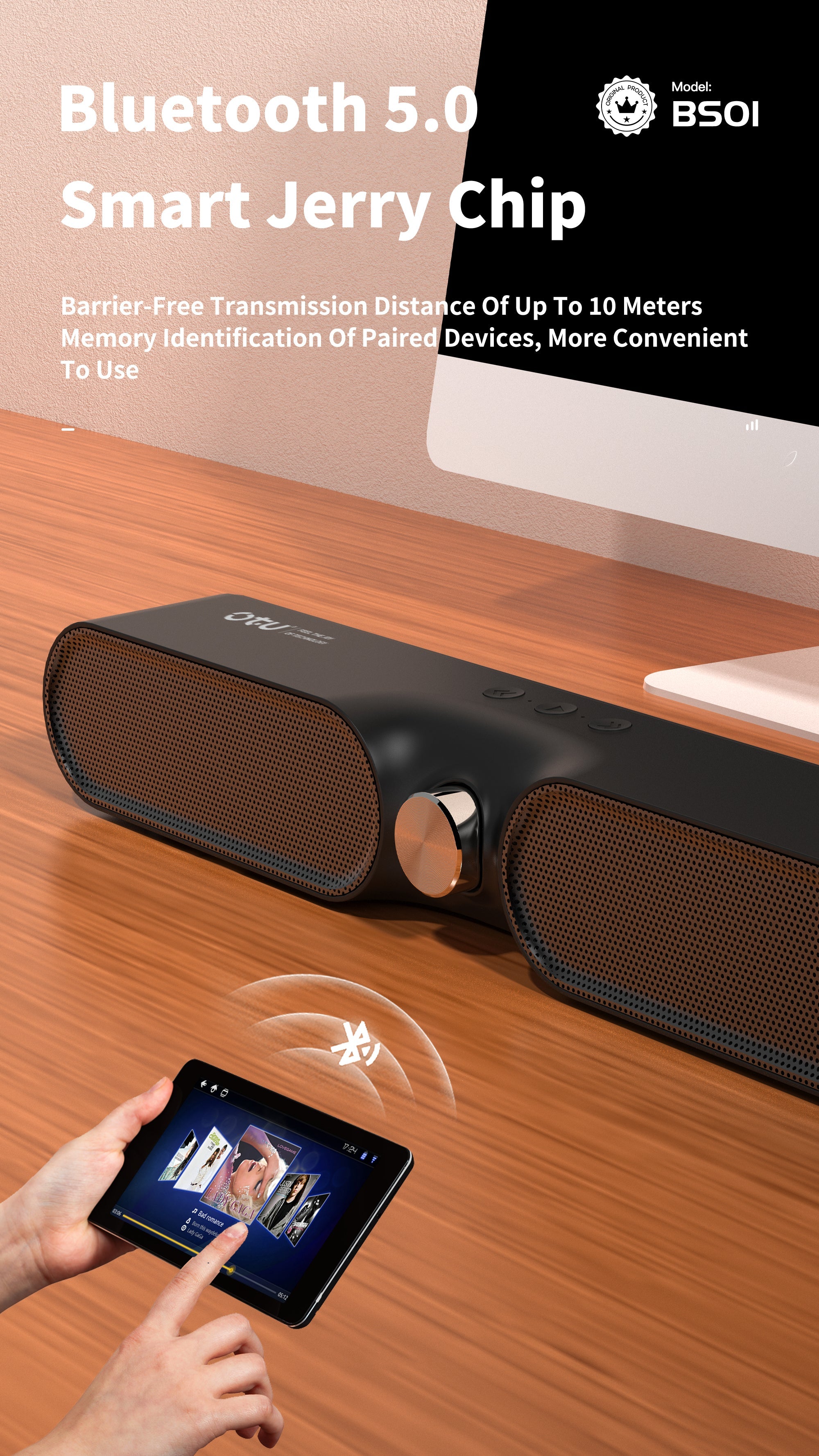 OTU BSO1 Portable Bluetooth Speaker with Deep Bass, 2000mAh Battery, 6-Hour Playtime, Wireless Subwoofer – Black