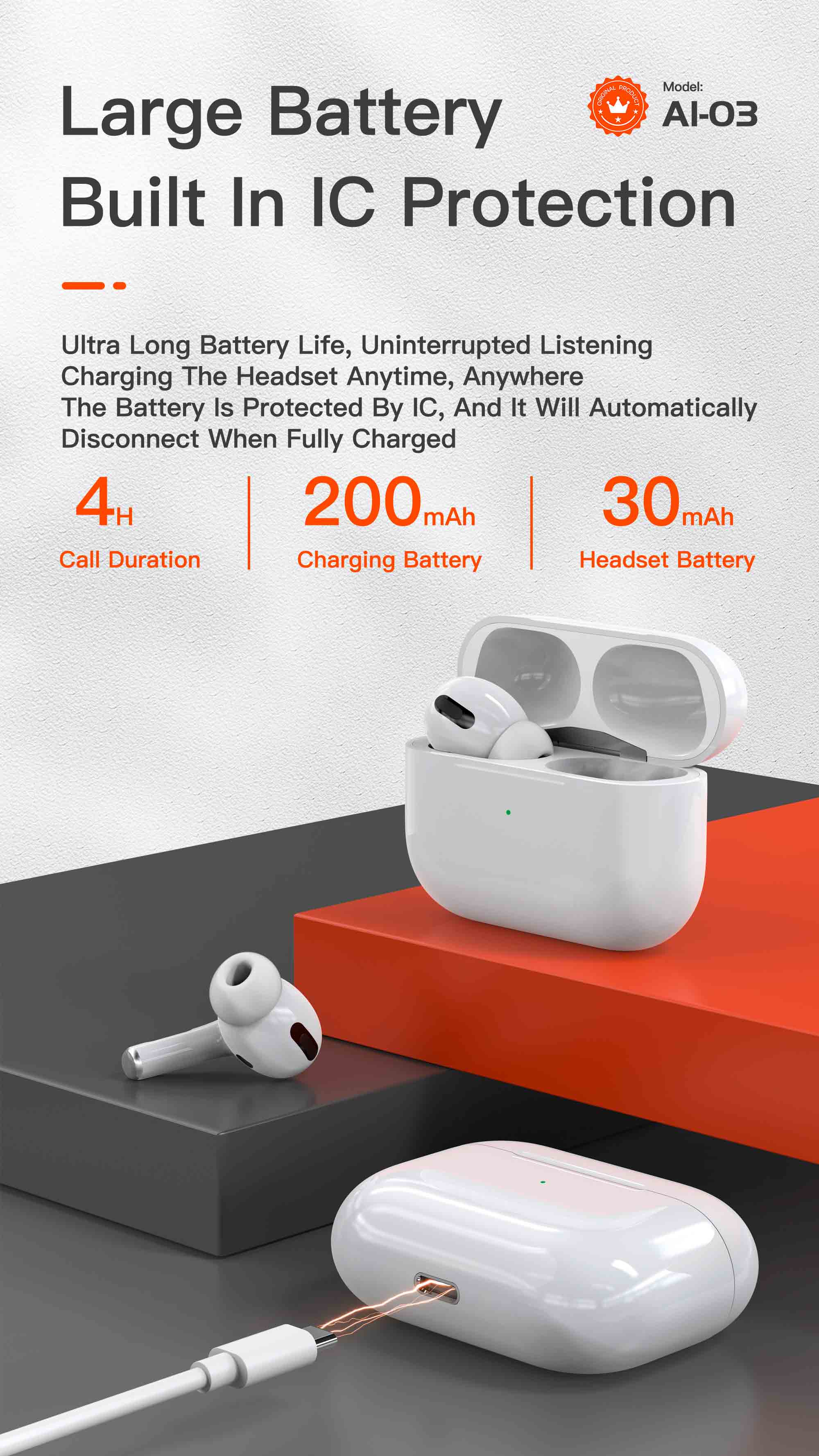 OTU AI03 HIFI Stereo Wireless Earbuds – Deep Bass, Bluetooth 5.0, 4H Talk Time