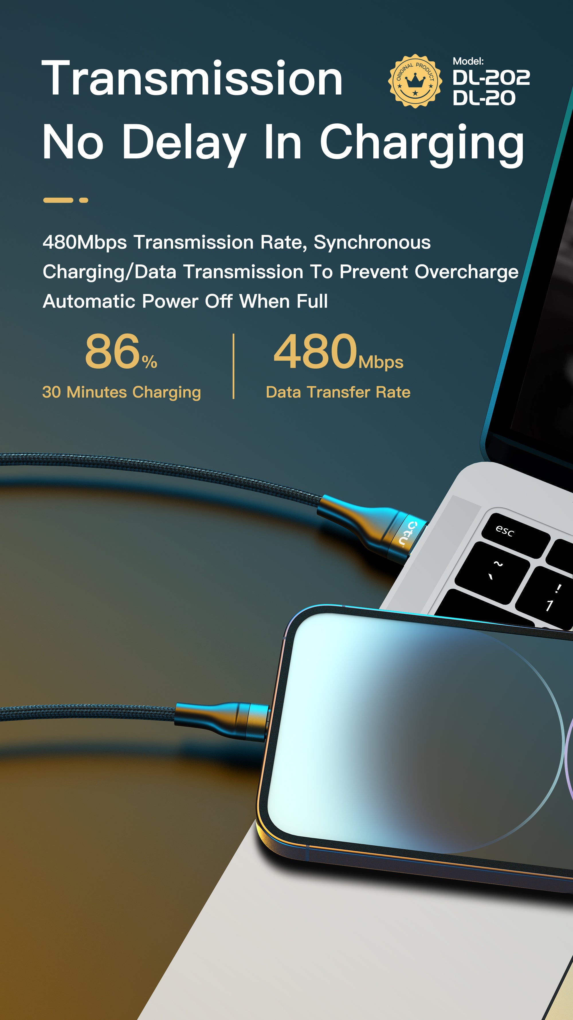 OTU DL202 5A Super Fast Charging Cable 2M Nylon Braided USB Cable for Type-C, Lightning, Micro-USB - Data Sync & Rapid Charge