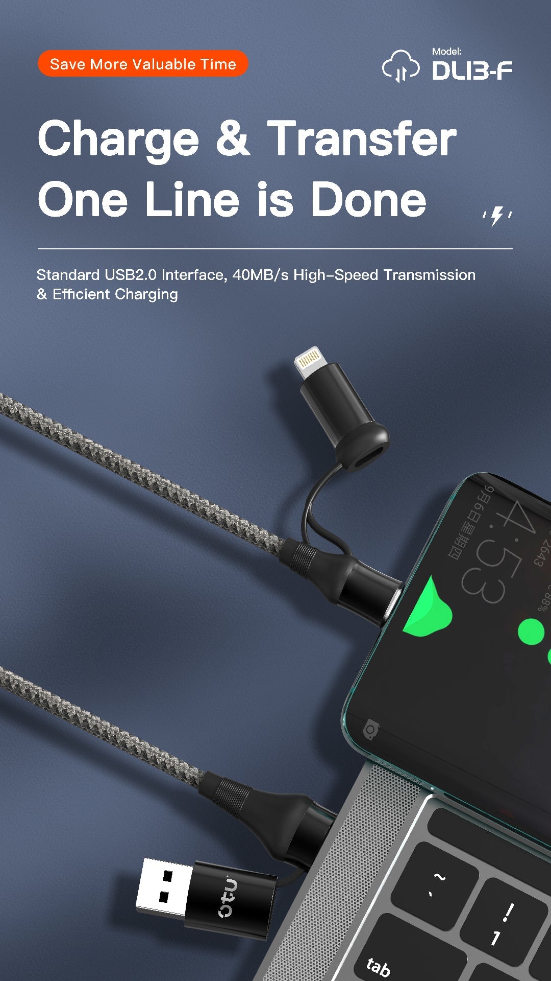 OTU DL13-F 4-in-1 Fast Charging Nylon Braided Cable | 50% in 30 Mins | USB-C & Lightning Compatible for All Devices | 1M