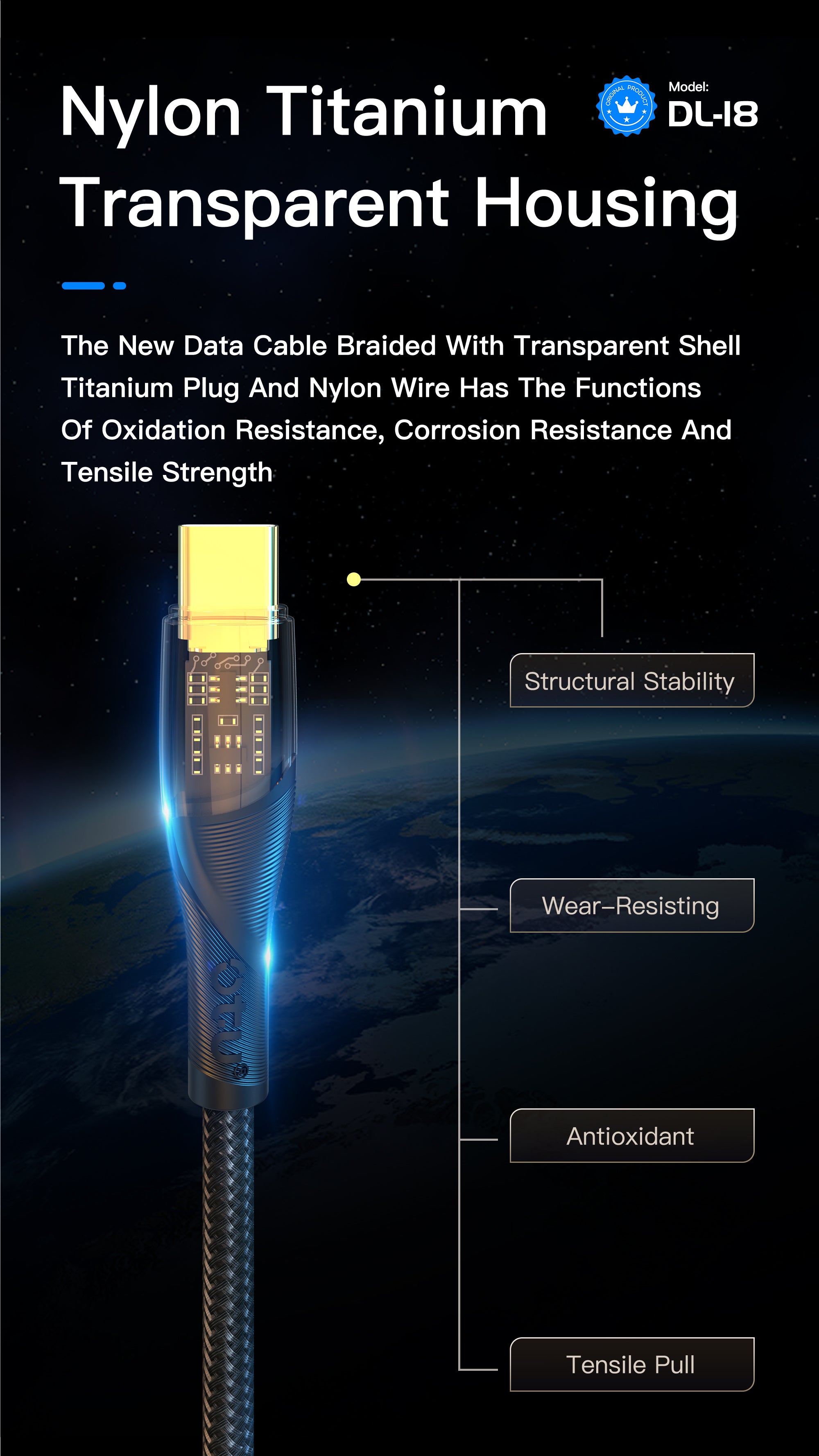 OTU DL18 3A Fast Charging Nylon Braided Cable with Smart Breathing Light - USB-C to Lightning Charger with Transparent Titanium Design