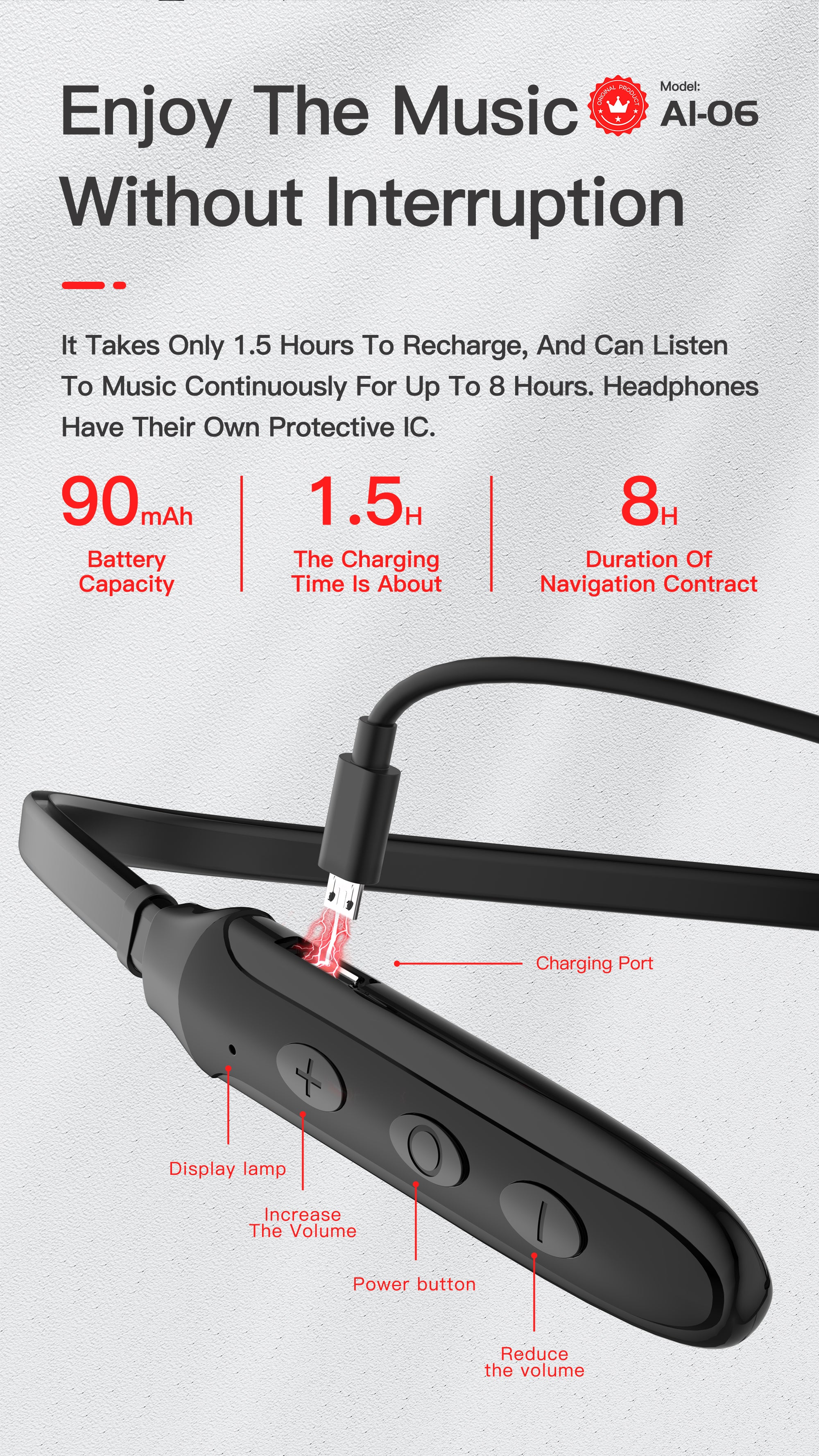 OTU AI06 Neckband Bluetooth Headphones, 8H Playback Sports Headset with HiFi Stereo, Secure Fit for Running and Workout