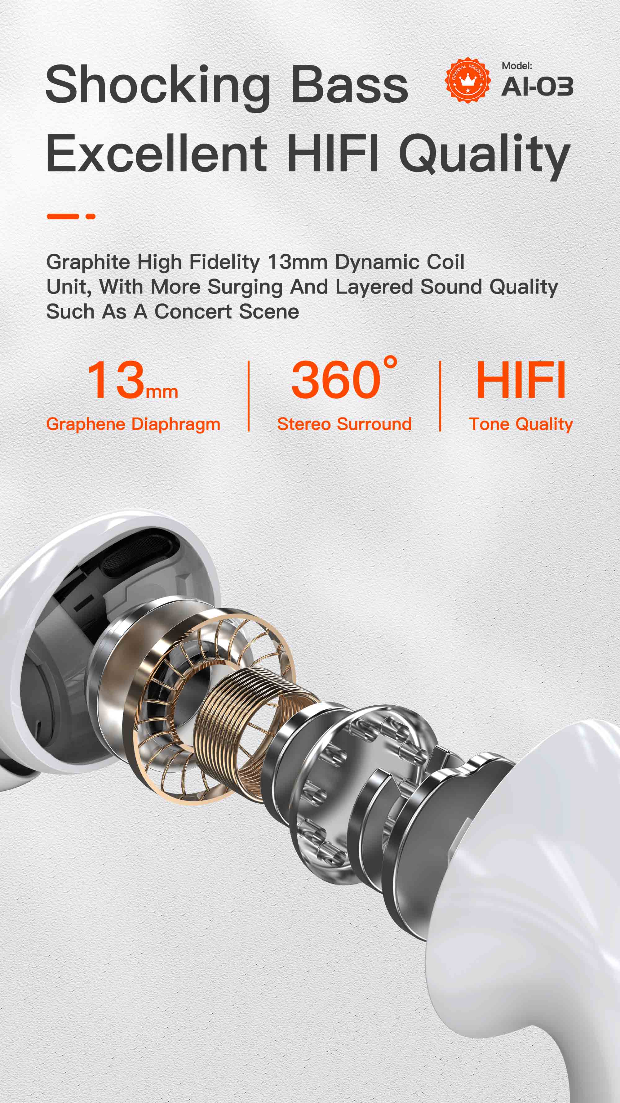 OTU AI03 HIFI Stereo Wireless Earbuds – Deep Bass, Bluetooth 5.0, 4H Talk Time