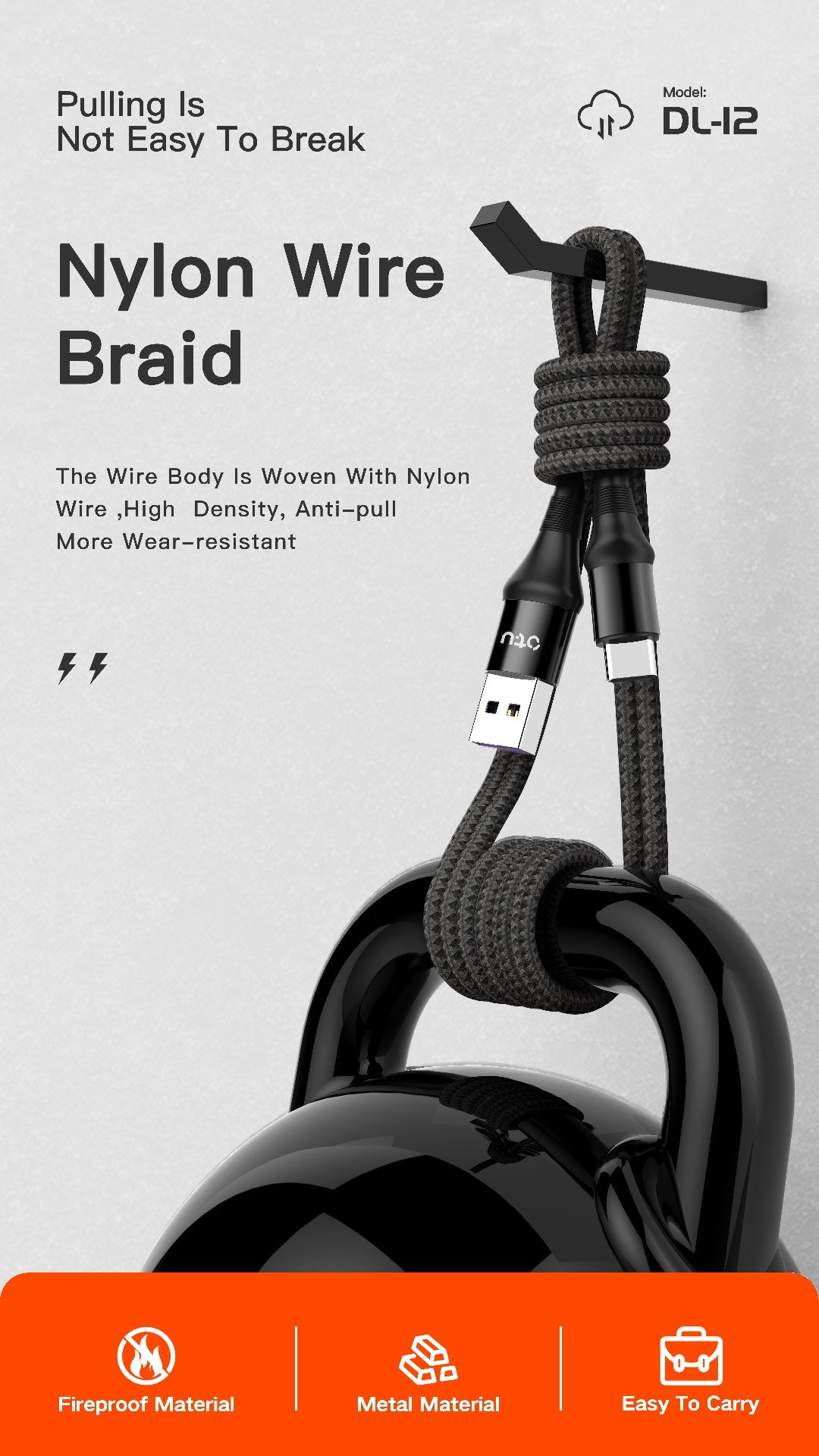 OTU DL12 5A Fast Charging Braided Nylon Data Cable with Triple Interchangeable Interfaces | 1M Length | Durable