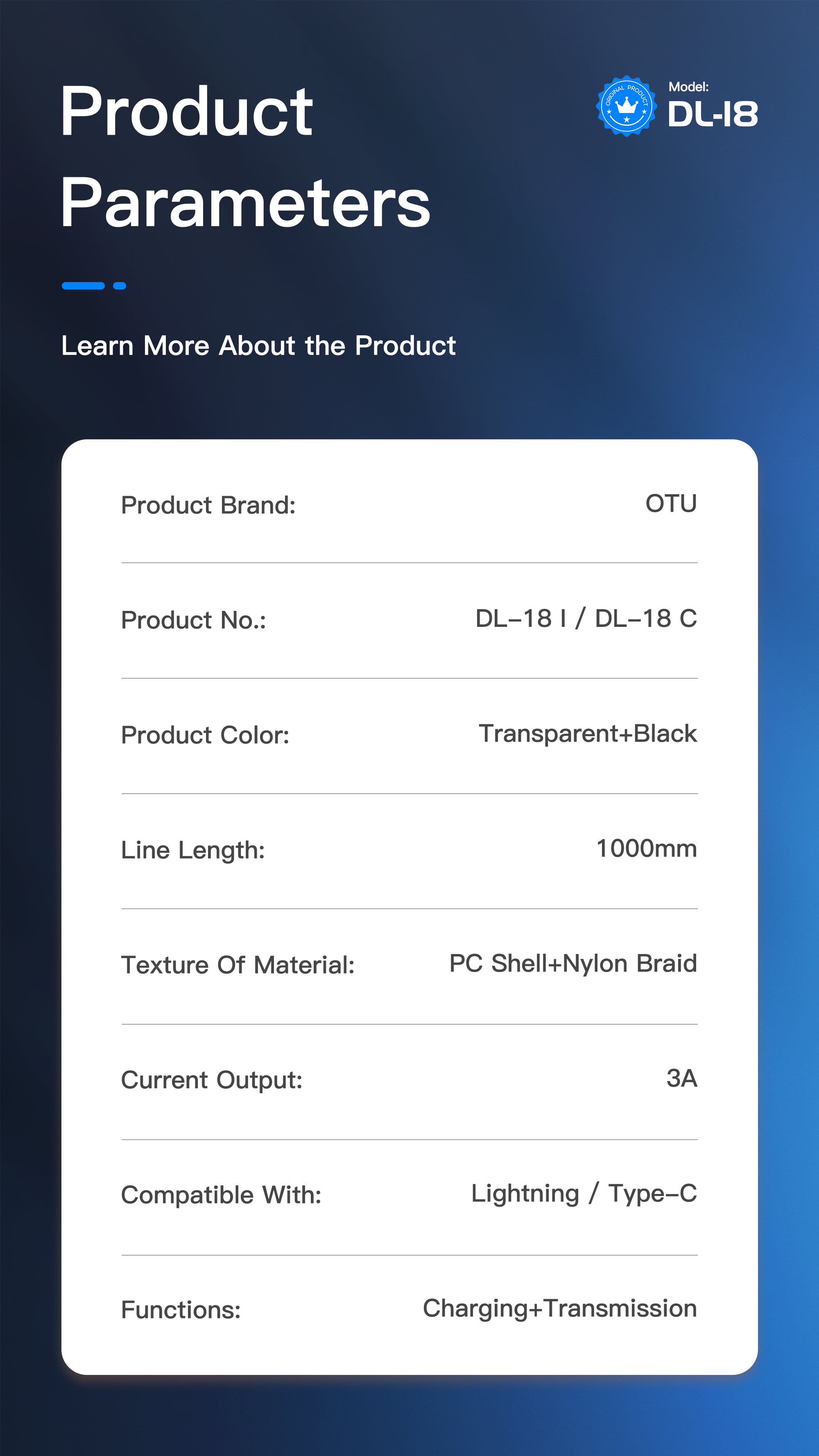 OTU DL18 3A Fast Charging Nylon Braided Cable with Smart Breathing Light - USB-C to Lightning Charger with Transparent Titanium Design