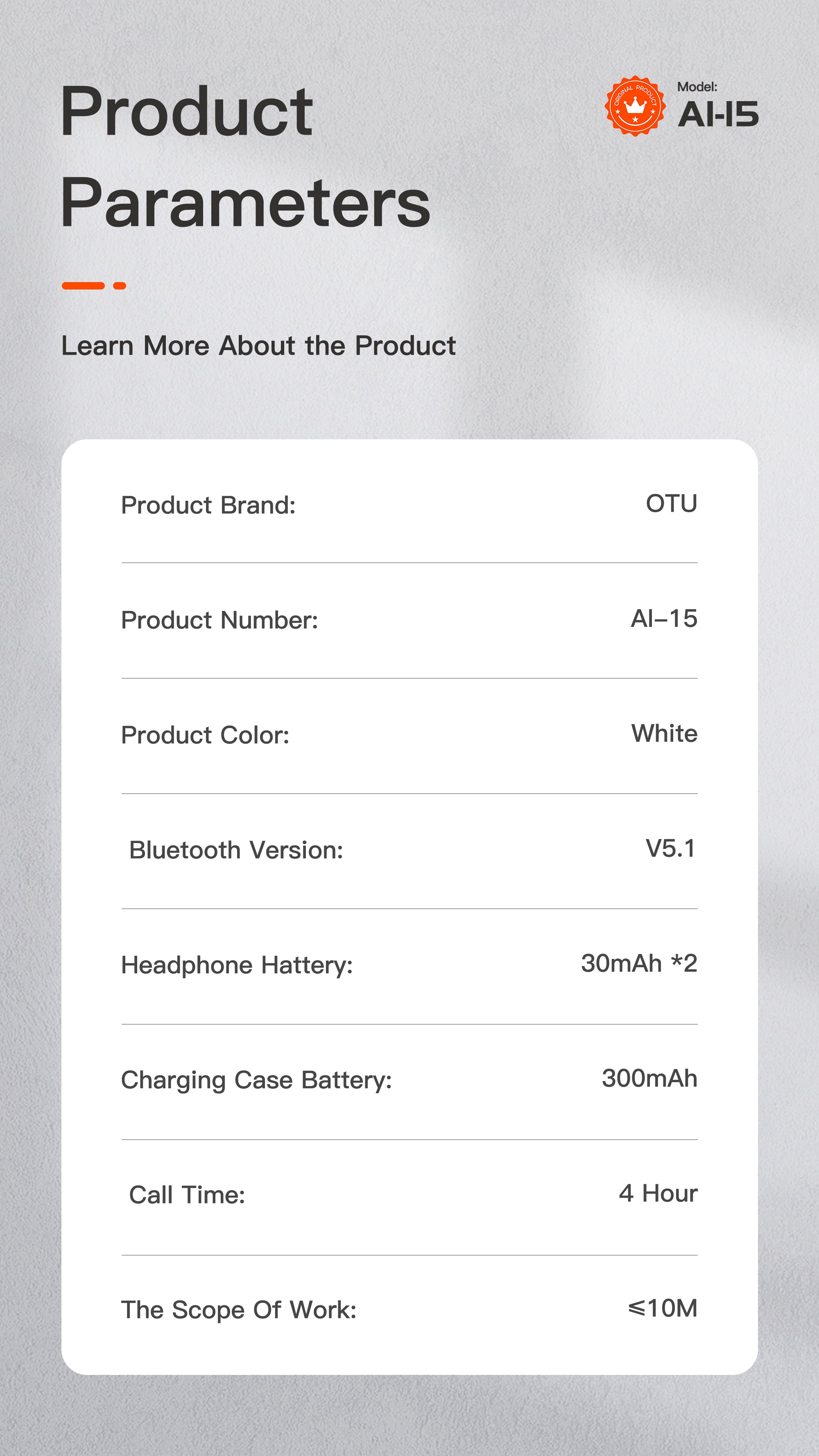 OTU Al-15 Wireless Earbuds - Bluetooth 5.1, 4H Talk Time, Hi-Fi Sound, Noise Reduction, Auto Connect
