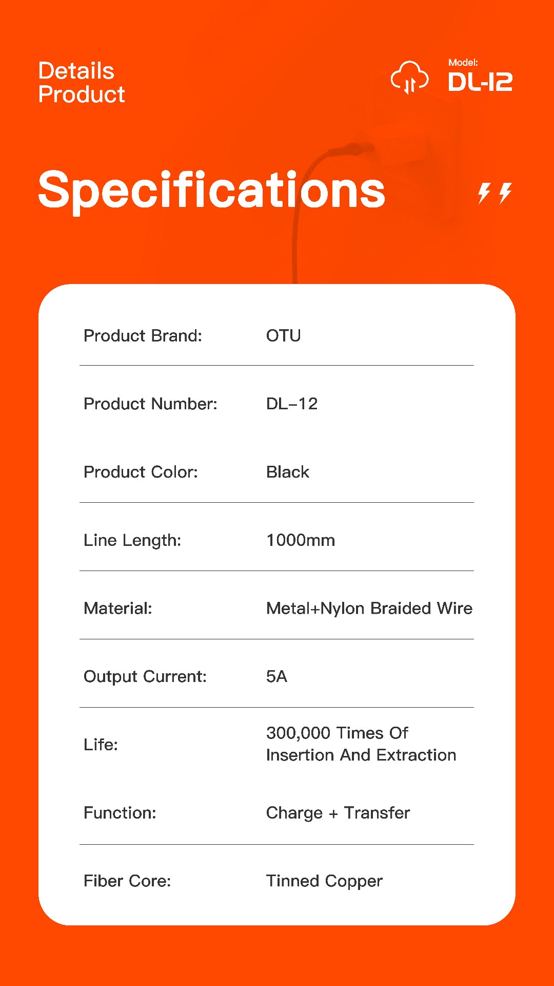 OTU DL12 5A Fast Charging Braided Nylon Data Cable with Triple Interchangeable Interfaces | 1M Length | Durable
