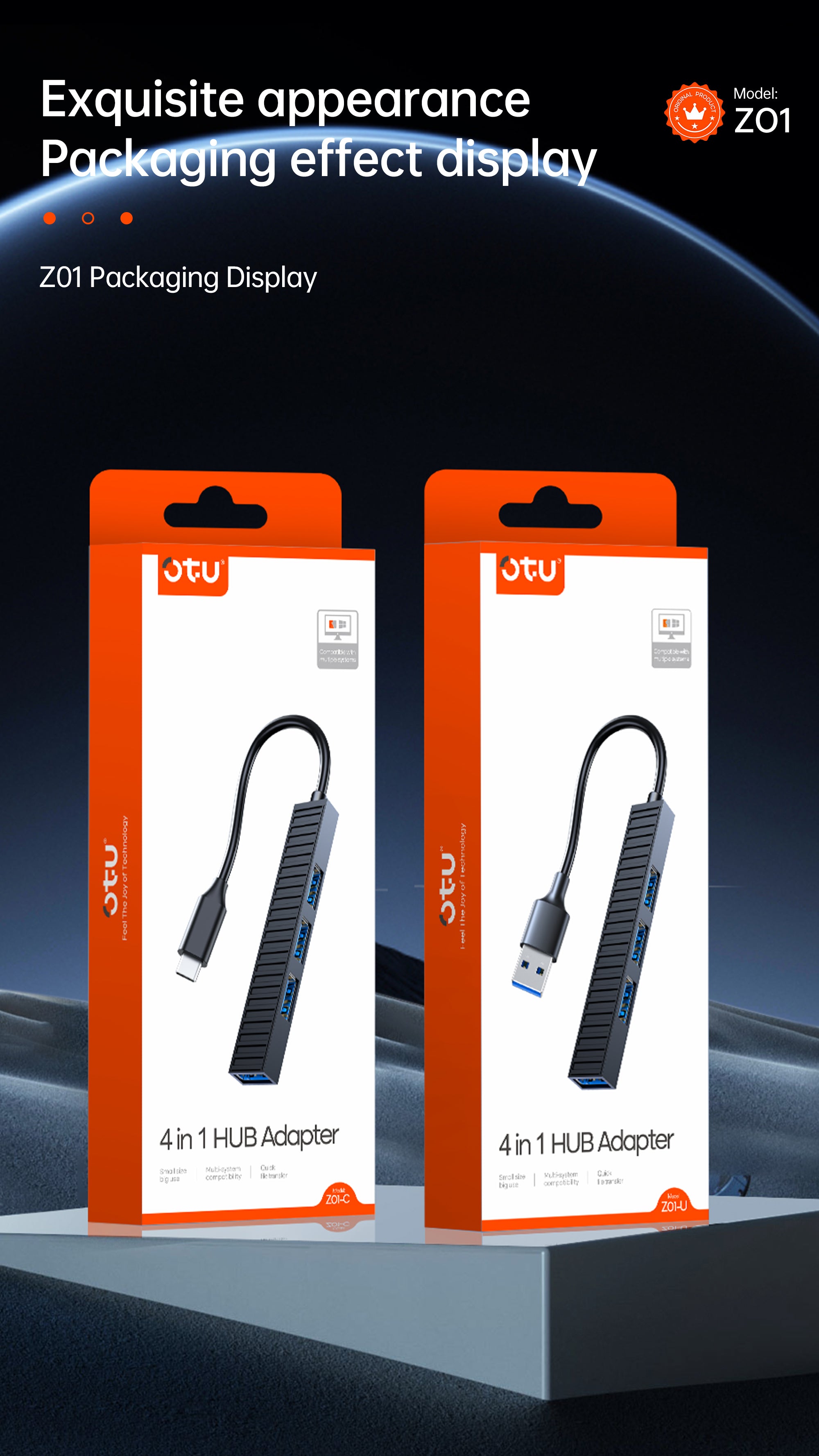 OTU Z01 4-in-1 USB Hub Adapter with Type-C & USB Input – Expand 4 Ports for Mouse, Keyboard, U盘, Hard Drive and More