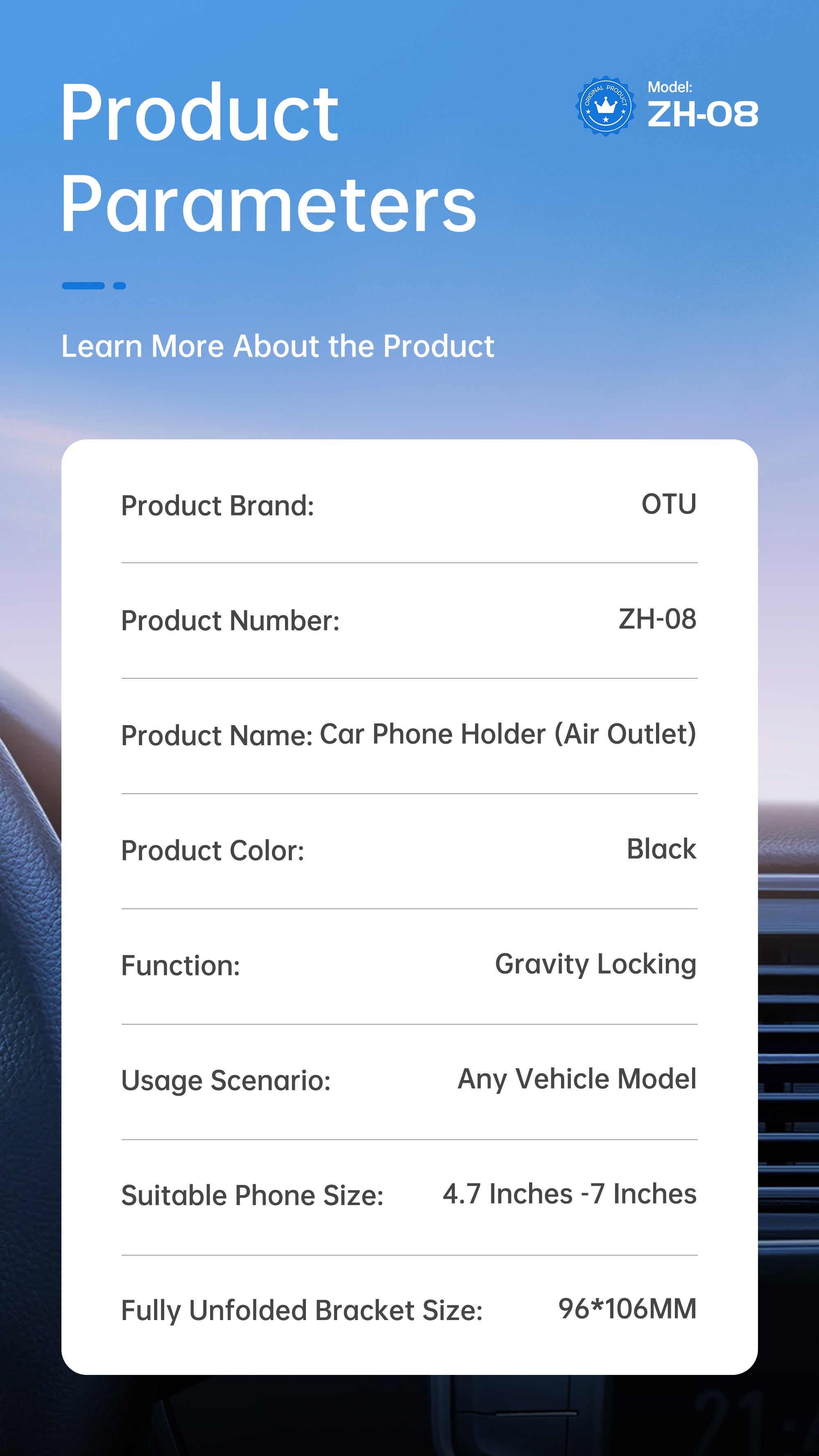 OTU ZH08 Universal Gravity Car Phone Mount Holder - Hands-Free Silent One-Handed Operation for iPhone & Android (4.7-7")