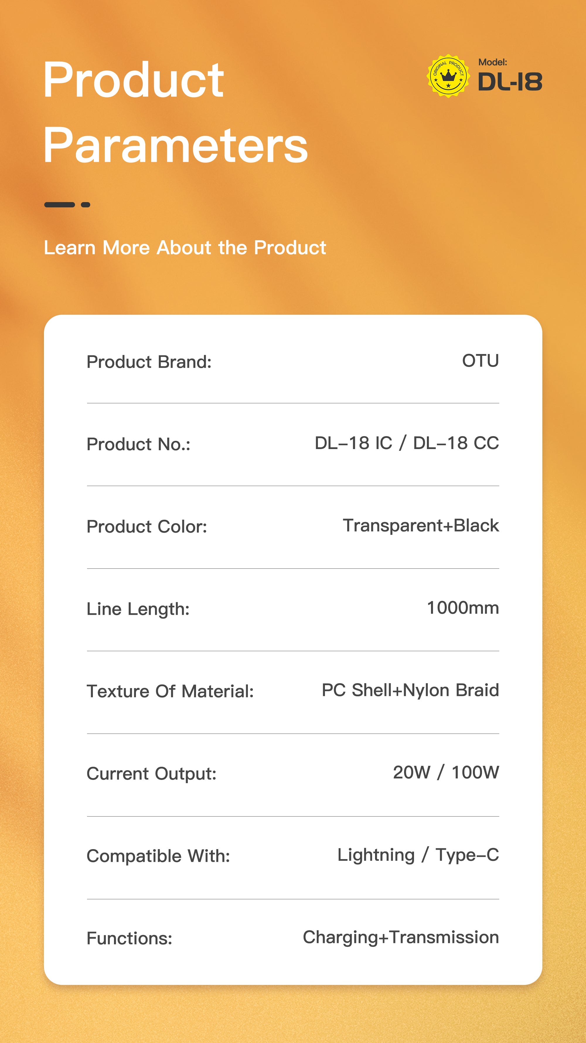 OTU DL18 CC and IC 100W Transparent Fast Charging Cable - Nylon Braided USB-C to Lightning & USB-C to USB-C Cable for High-Speed Data Transfer & Durability