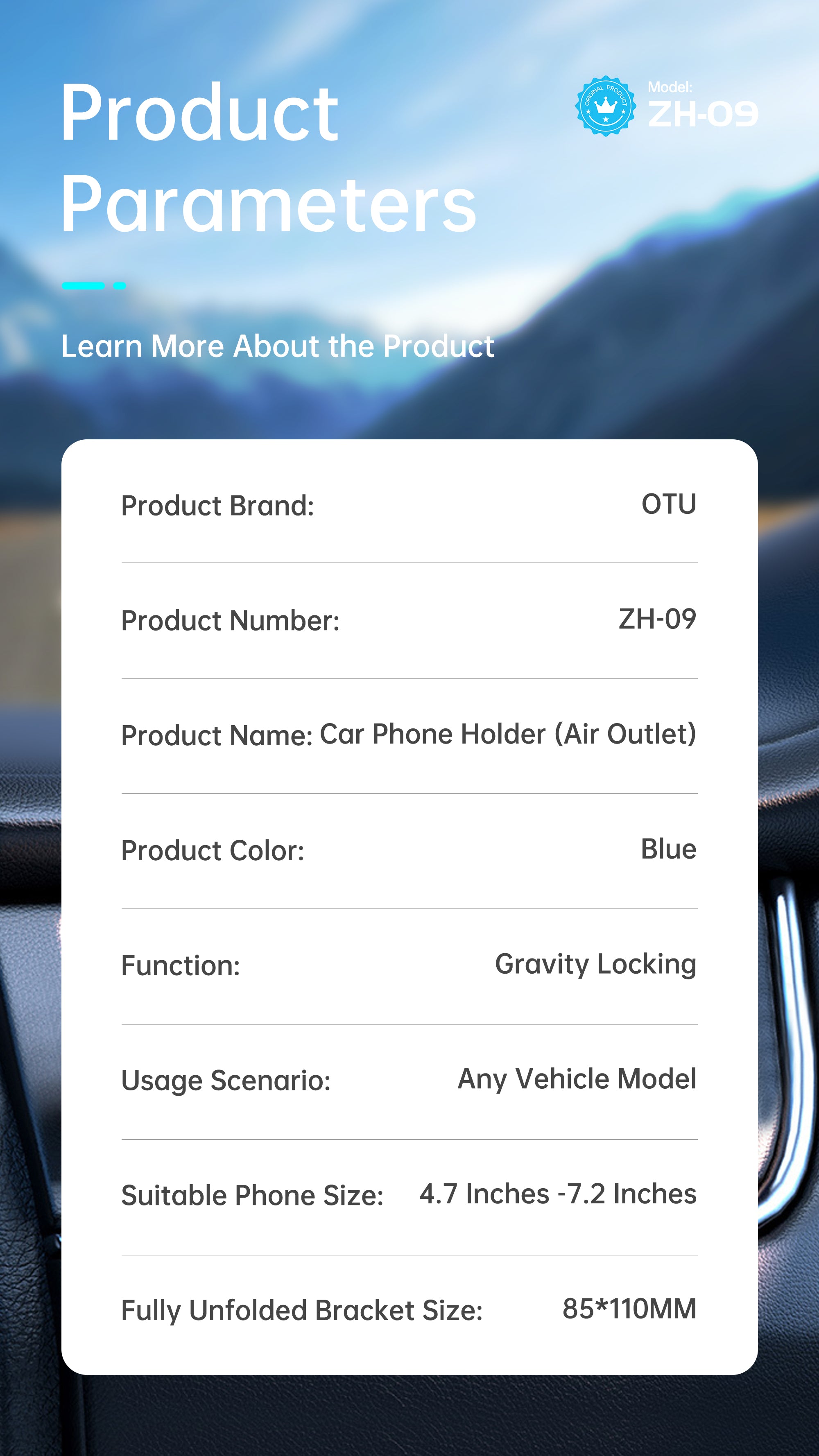 OTU ZH09 Auto-Lock Car Phone Holder - Gravity Sensor Vent Mount for Hands-Free Driving (Blue)