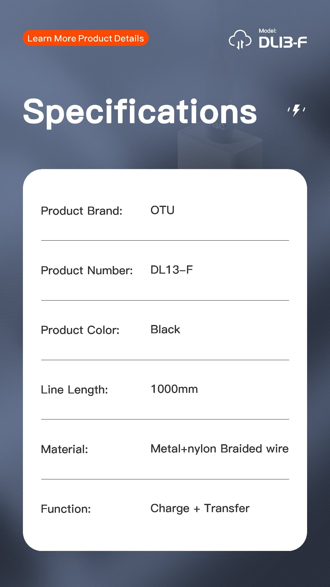 OTU DL13-F 4-in-1 Fast Charging Nylon Braided Cable | 50% in 30 Mins | USB-C & Lightning Compatible for All Devices | 1M