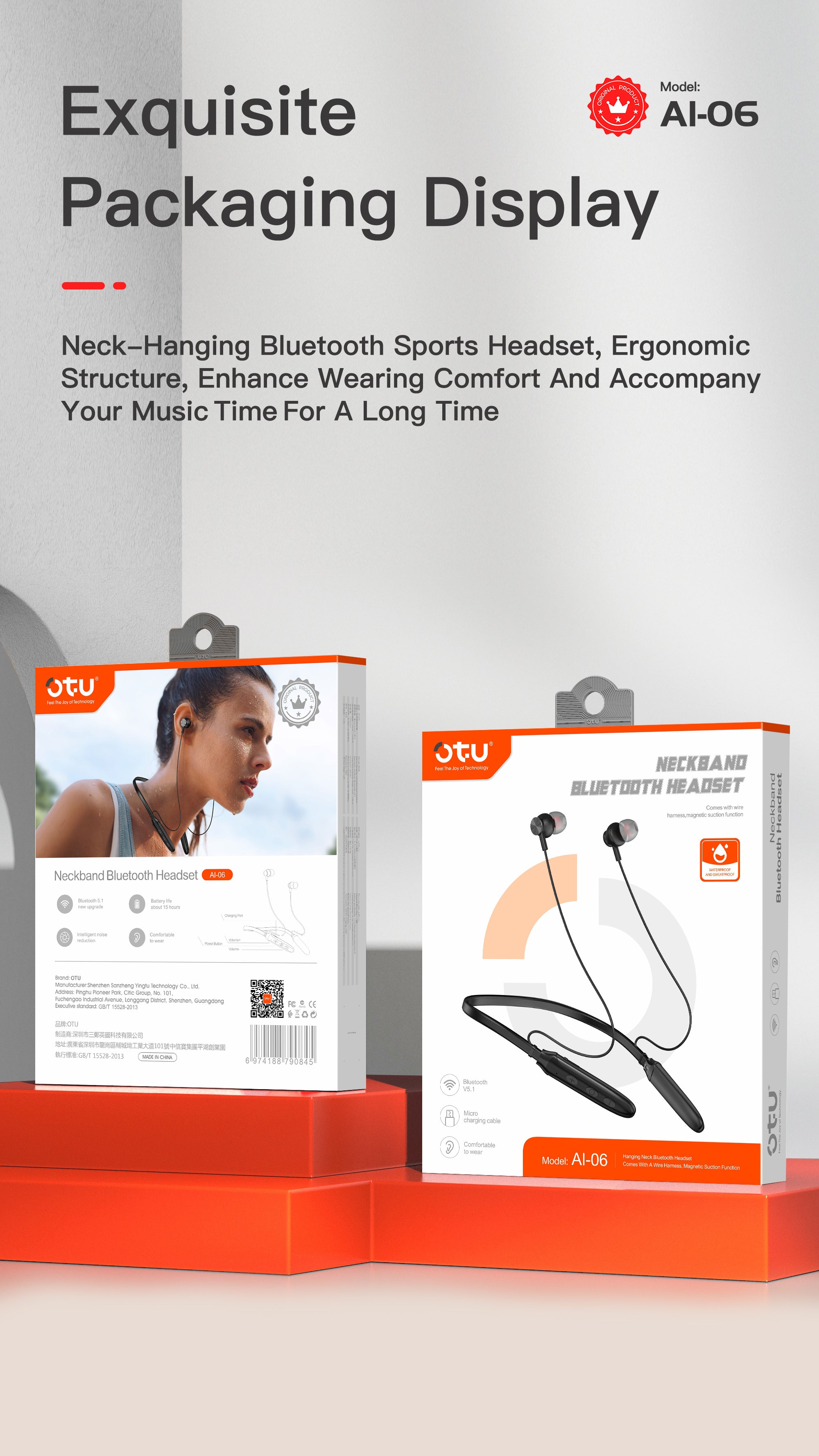 OTU AI06 Neckband Bluetooth Headphones, 8H Playback Sports Headset with HiFi Stereo, Secure Fit for Running and Workout