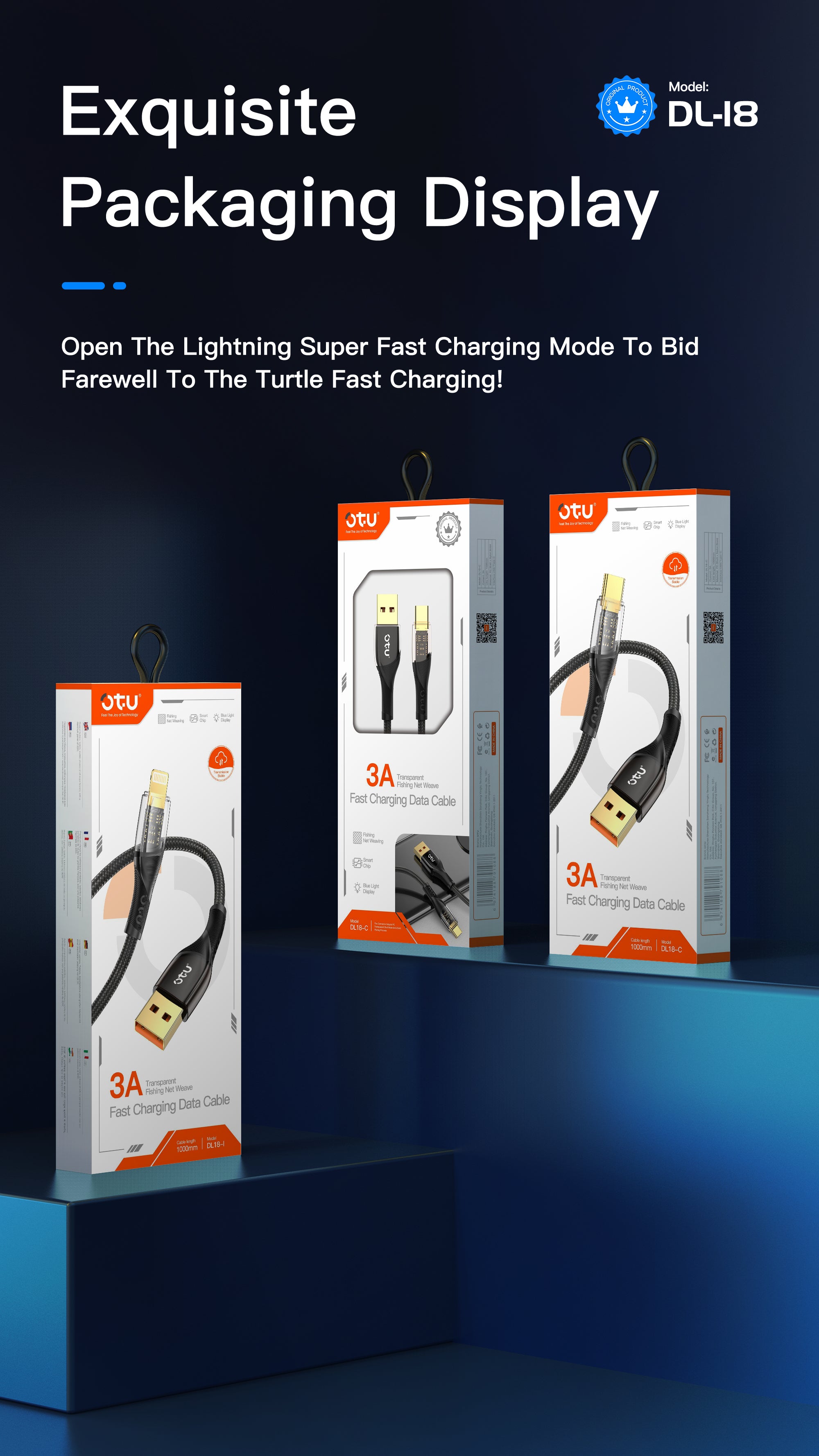 OTU DL18 3A Fast Charging Nylon Braided Cable with Smart Breathing Light - USB-C to Lightning Charger with Transparent Titanium Design