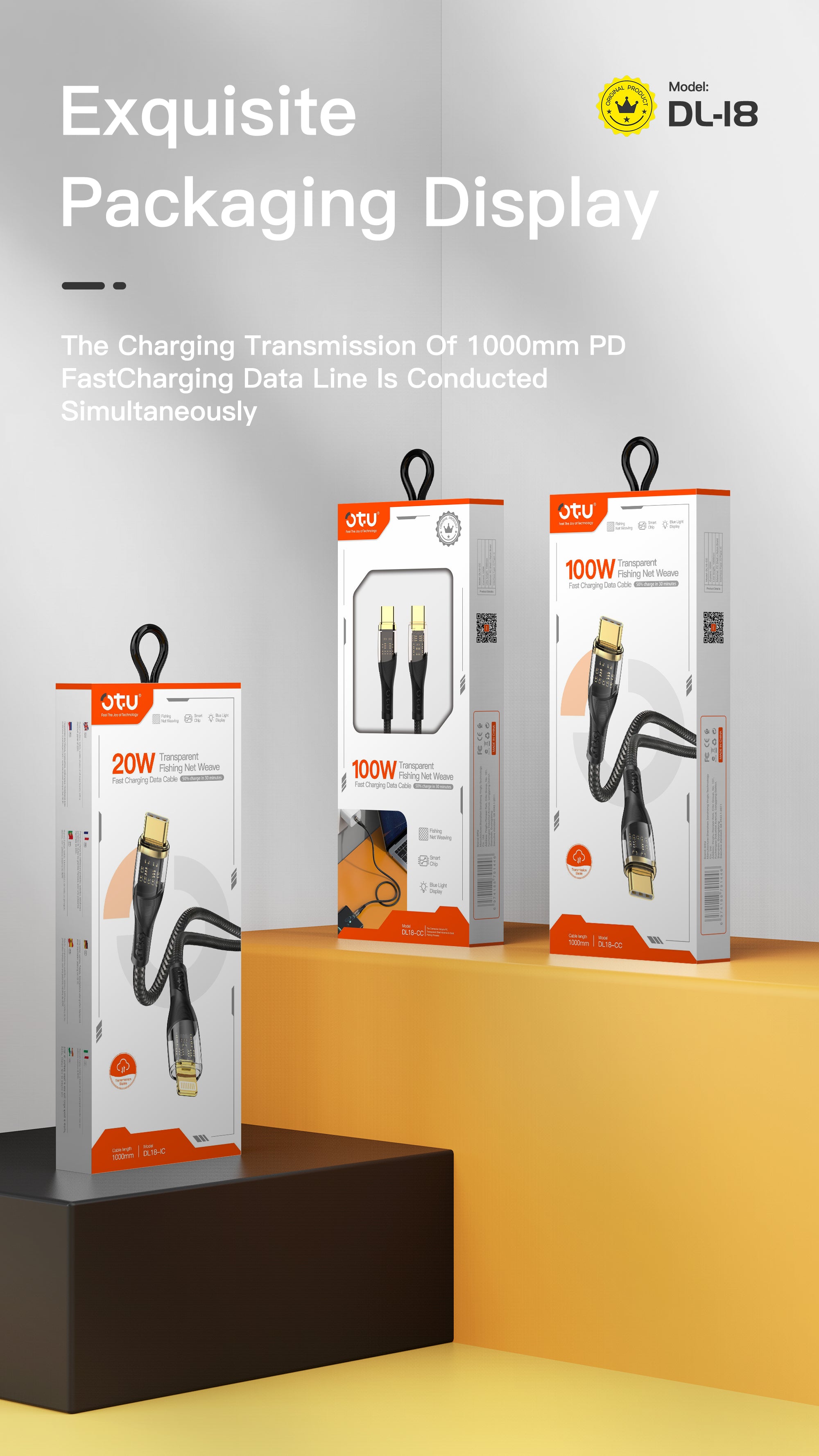 OTU DL18 CC and IC 100W Transparent Fast Charging Cable - Nylon Braided USB-C to Lightning & USB-C to USB-C Cable for High-Speed Data Transfer & Durability