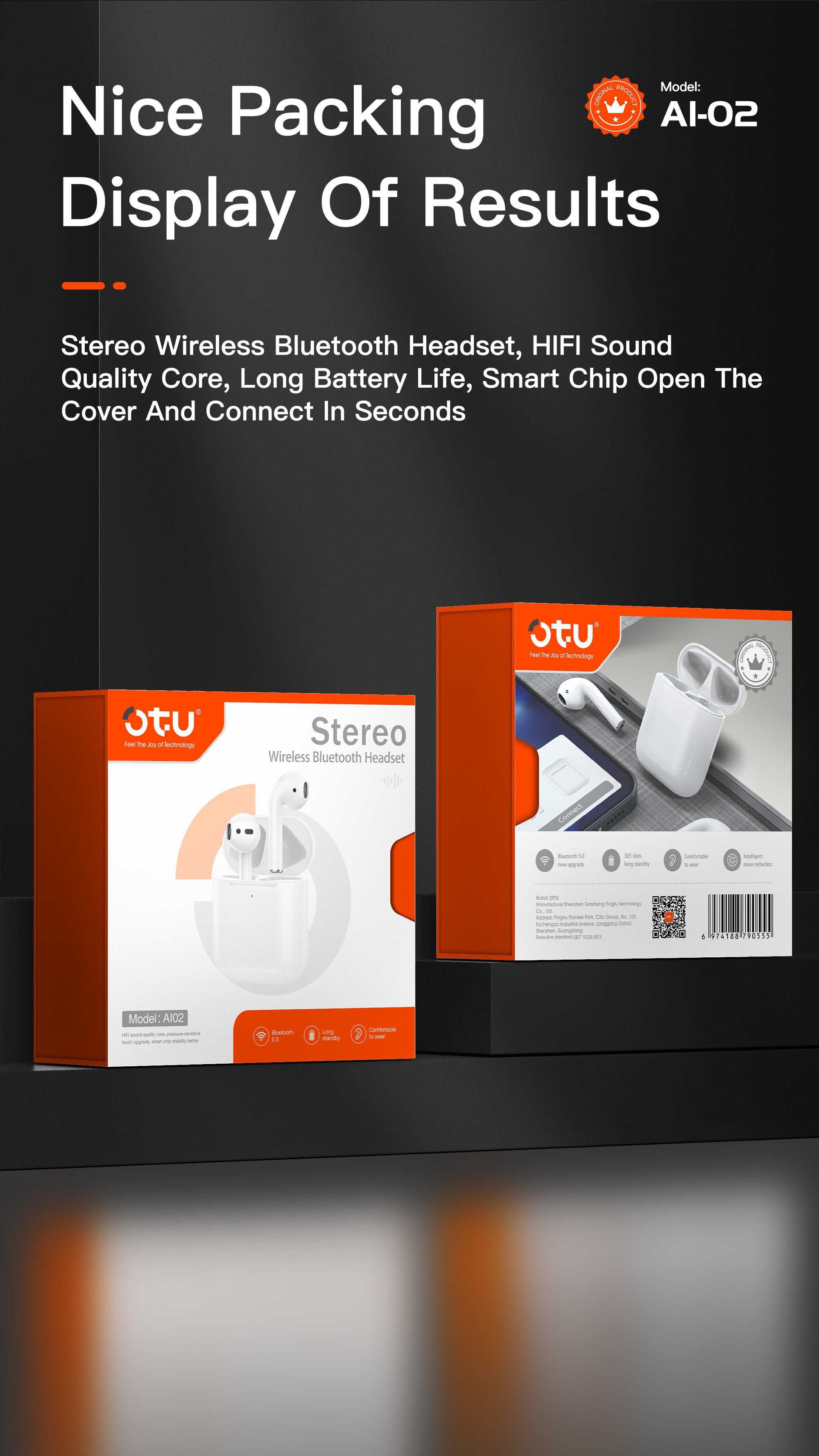 OTU AI02 HIFI Stereo Wireless Bluetooth Earbuds – 365-Day Battery, Noise Cancellation, Instant Pairing
