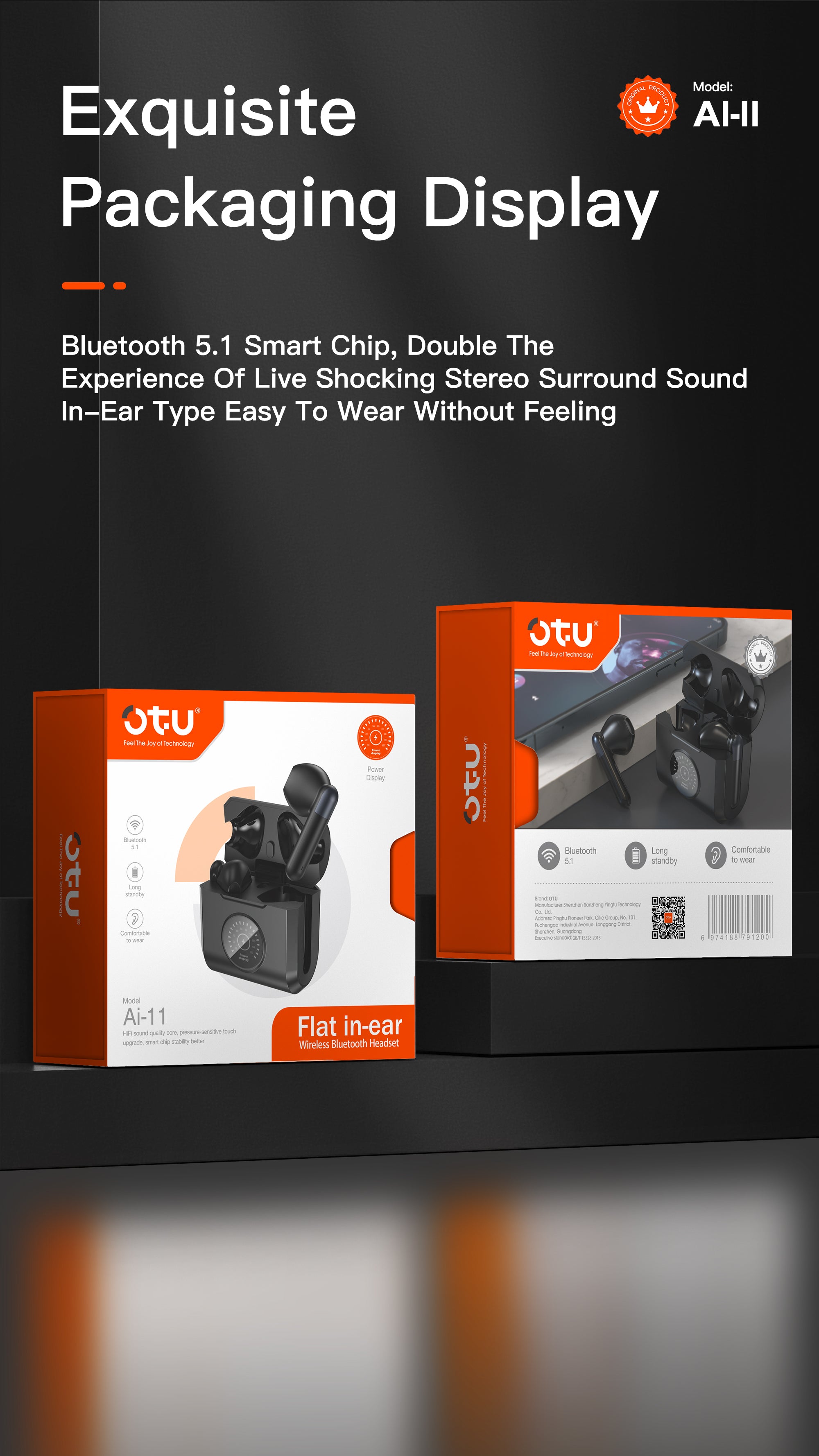 OTU Al-11 Wireless Earbuds - Bluetooth 5.1, Panoramic 3D Sound, Noise Reduction, 4H Talk, Auto Pairing