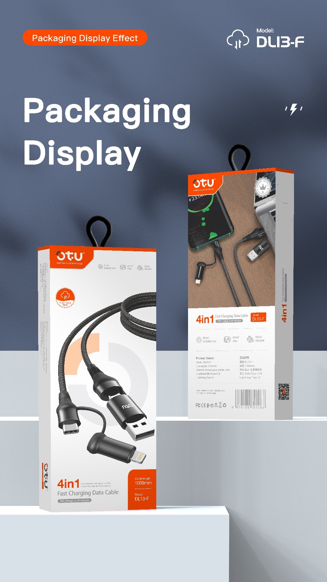 OTU DL13-F 4-in-1 Fast Charging Nylon Braided Cable | 50% in 30 Mins | USB-C & Lightning Compatible for All Devices | 1M