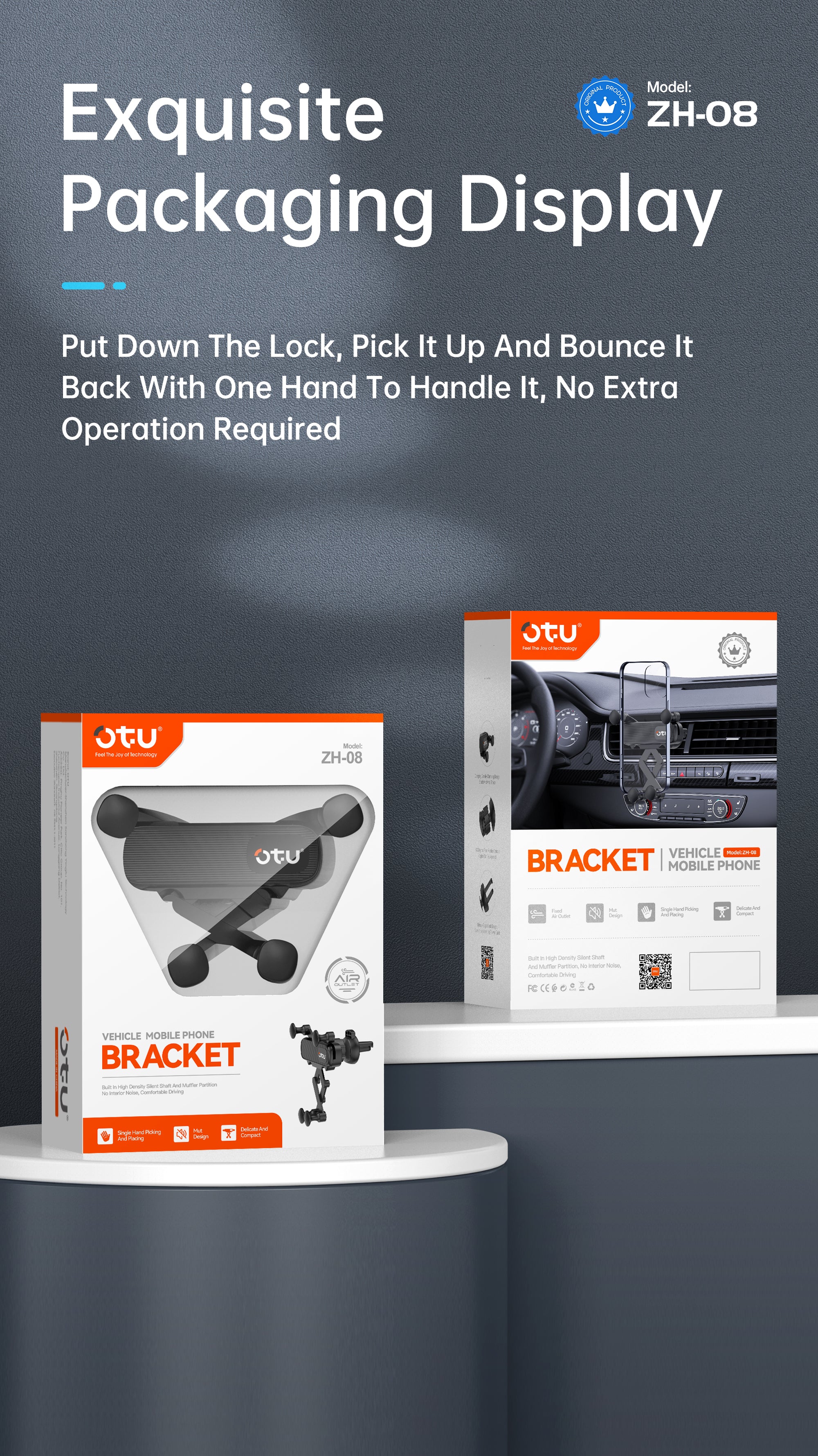 OTU ZH08 Universal Gravity Car Phone Mount Holder - Hands-Free Silent One-Handed Operation for iPhone & Android (4.7-7")