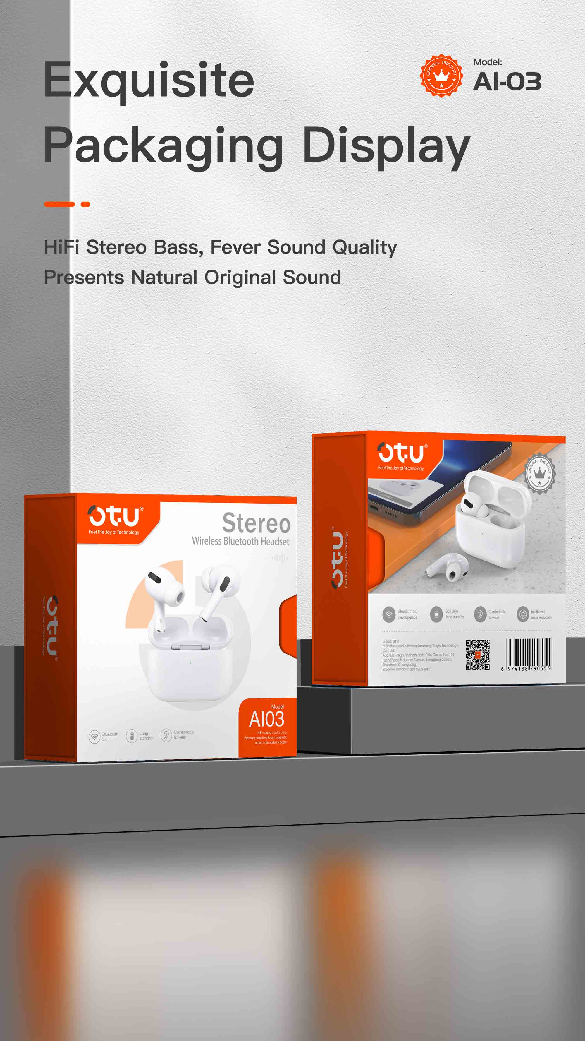 OTU AI03 HIFI Stereo Wireless Earbuds – Deep Bass, Bluetooth 5.0, 4H Talk Time
